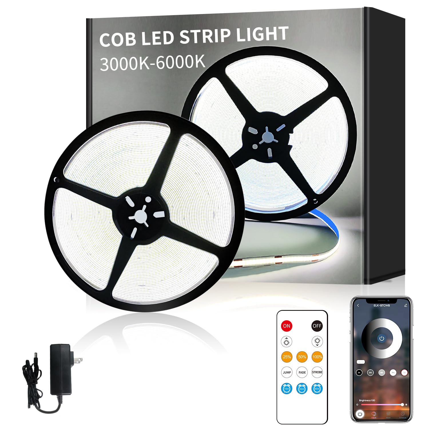 Yeewhale 50Ft Cob Led Strip Lights Dc 24V Dimmable 6000K White Flexible Led Tape Light For Bedroom, With Remote And App Control Led Tape Lights Cri90+,For Diy Home Decoration