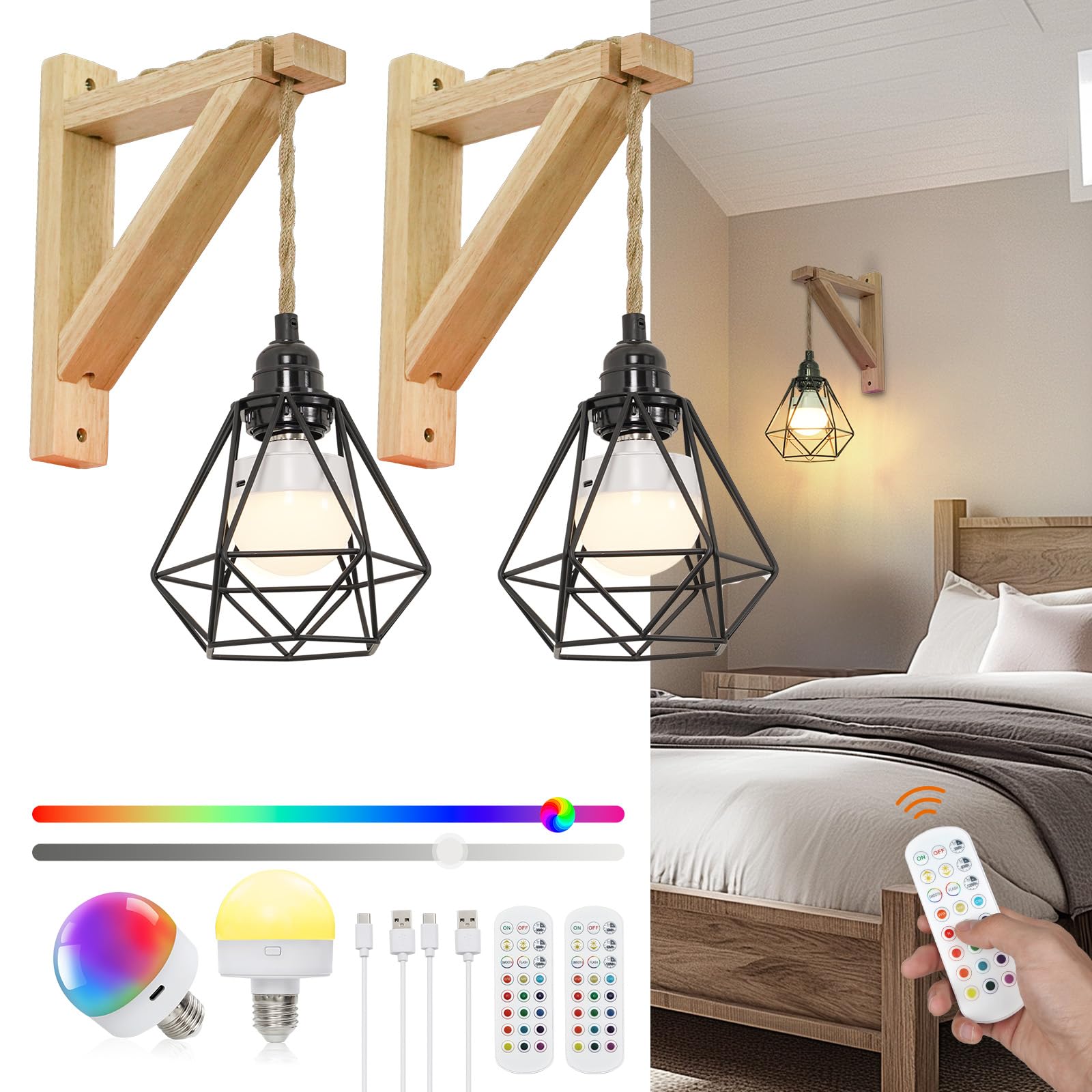 FRIDEKO Boho Wall Sconces Set of 2, Rechargeable, RGB Dimmable, Wireless Indoor Lights, Black Wood Finish