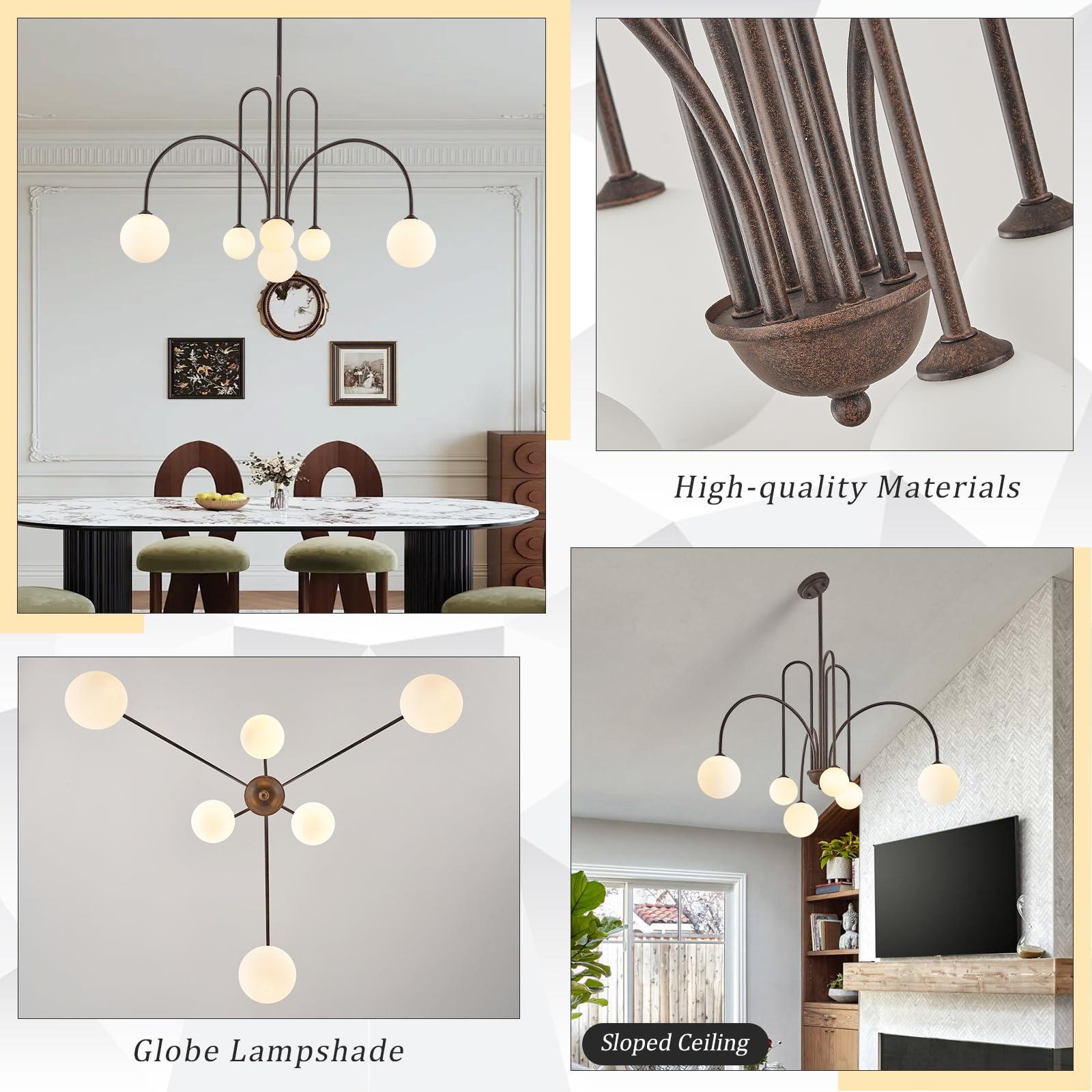 CATINER Sputnik Chandelier, 6 Lights, Brown Bronze Metal, Mid Century, 40” Globe Shades, Modern Ceiling Pendant Light for Dining Room