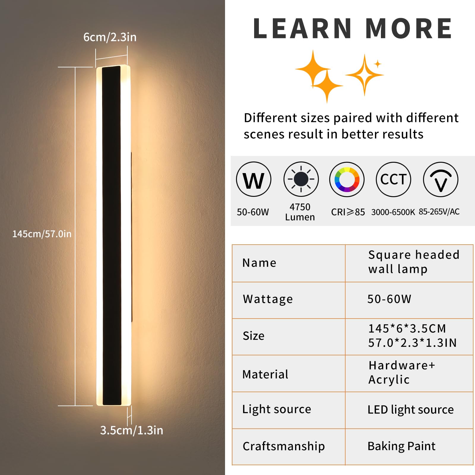 Mikeru 2Pack 57Inch Outdoor Wall Light Fixtures  10%-100% Dimmable Outdoor Wall Lights Exterior Front Porch Light 3000-6000K Wall Mounted Led Lighting For Basement  Shop Garage Lighting