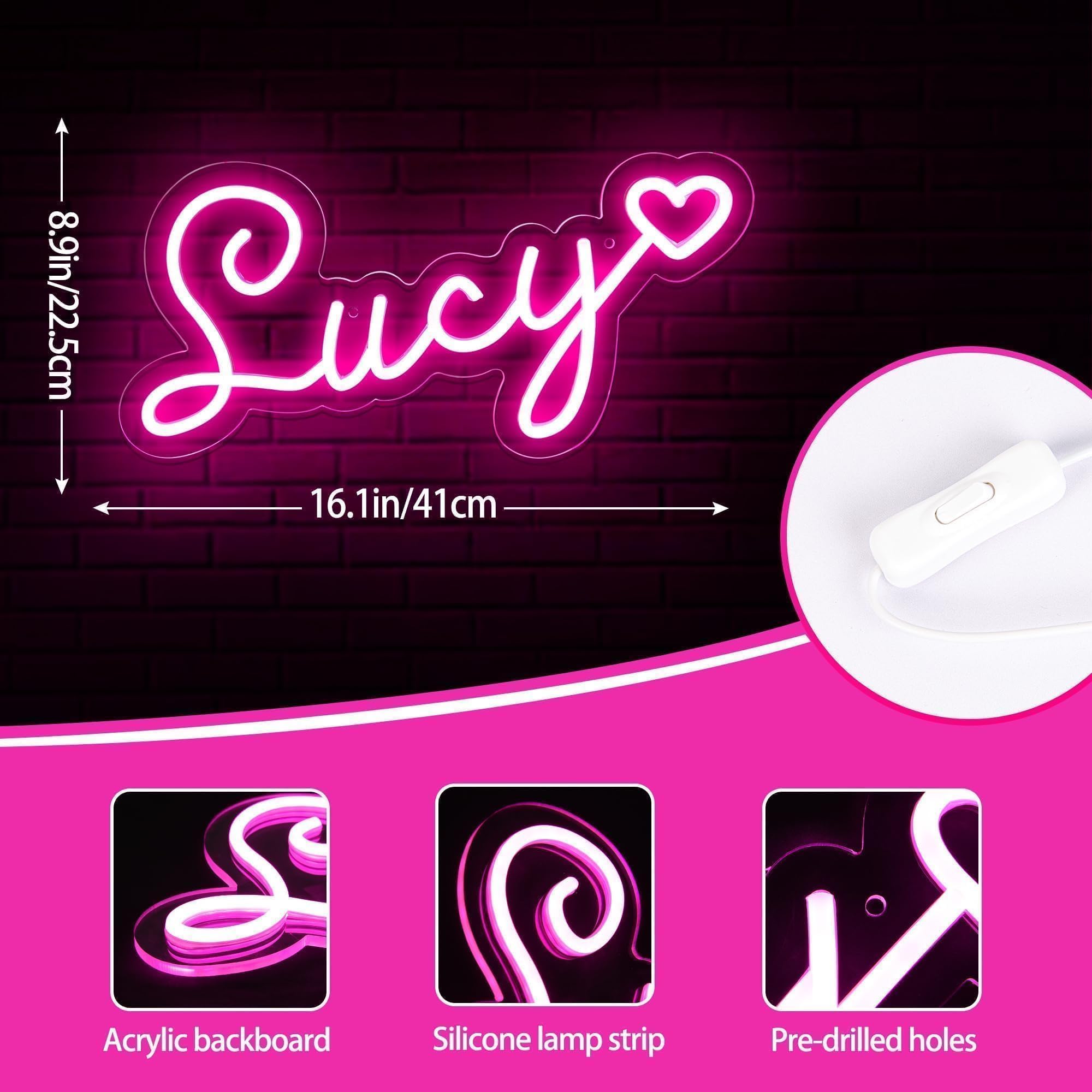 attneon Large Lucy Neon Sign - Customizable LED Wall Decor, 16.1x8.9 Inch Acrylic Light for Kids Bedroom & Birthday Party