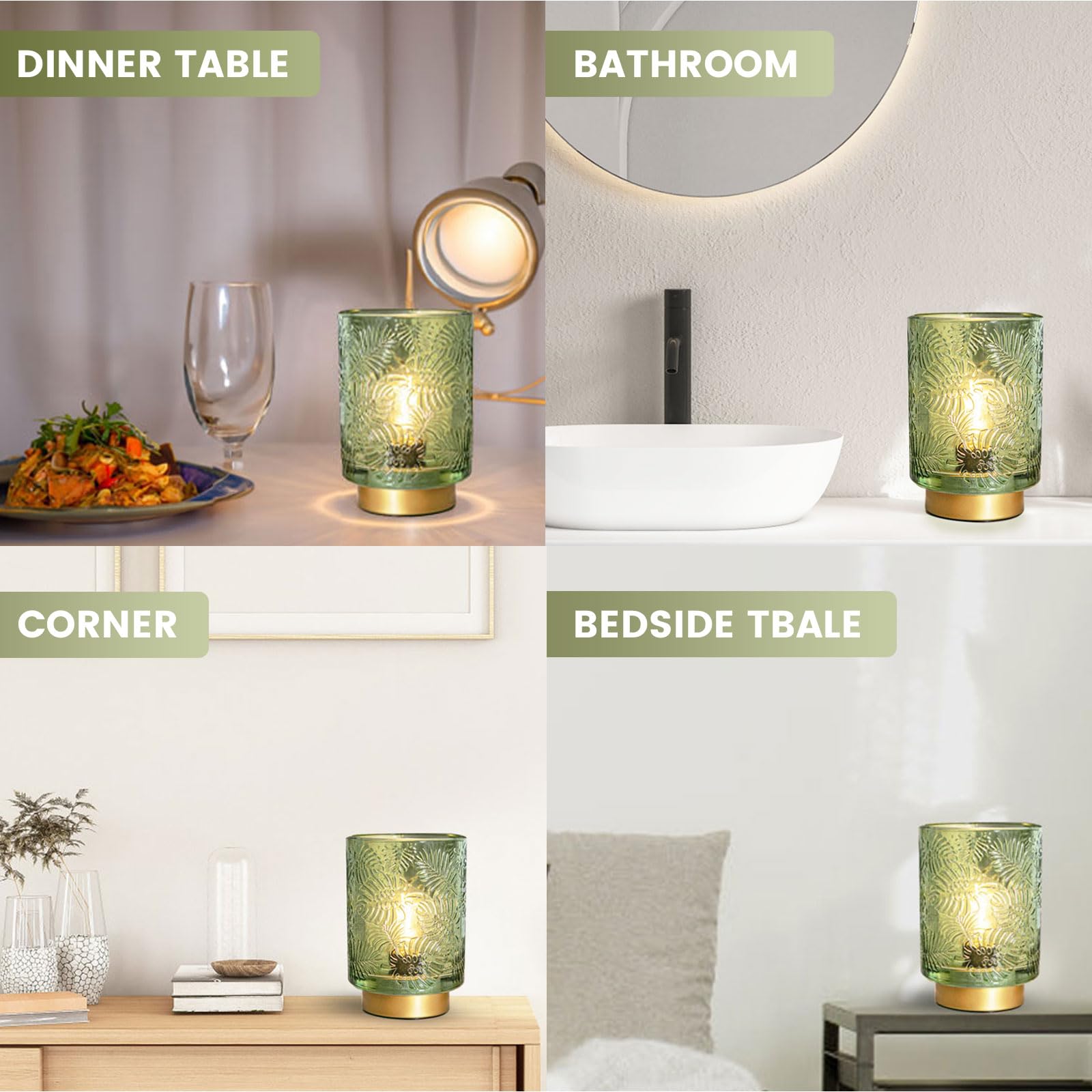Ularoom Small Battery Operated Lamp - Portable Cordless Lamp For Home Decor, Glass Table Lamp With Led Bulb, Wireless Battery Powered Desk Lamp For Bedroom Living Room Decor Aesthetic Jade Green
