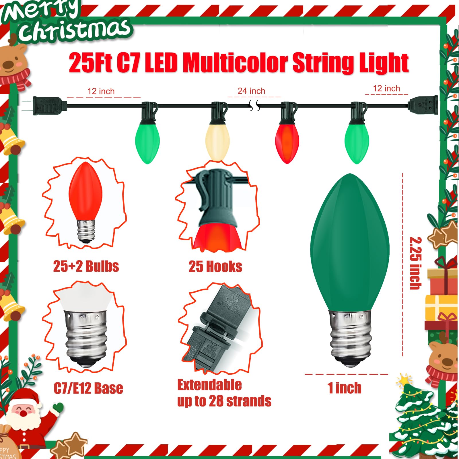 C7 Led Red White And Green Christmas Lights, 25Ft Outdoor Christmas String Lights With 27 Led Multicolor Plastic Bulbs, Vintage