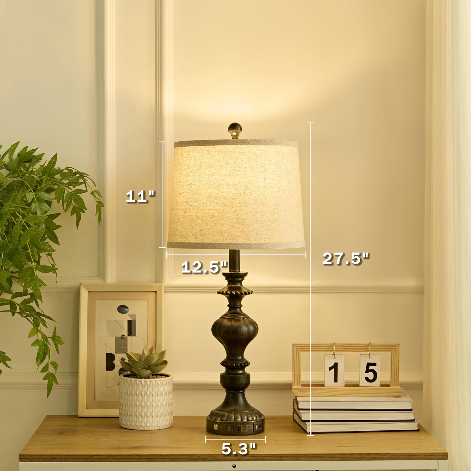 SAIWEYA 27.5in Farmhouse Table Lamps Set of 2, 3 Way Dimmable Touch, USB C+A Ports, AC Outlet, Black, Model TM-T03