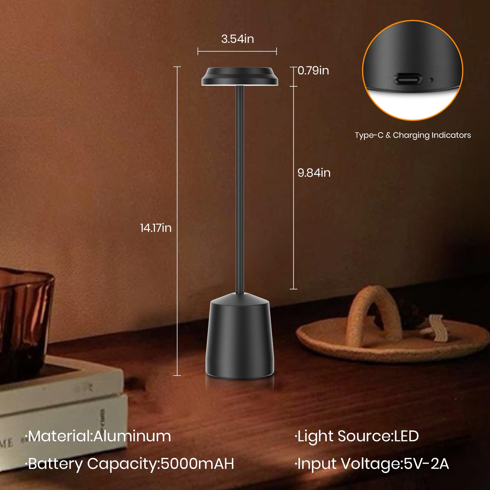 Aluminum Led Cordless Table Lamps Set Of 2, Portable Rechargeable 5000Mah Battery Operated Black Table Light, 3 Color Stepless D