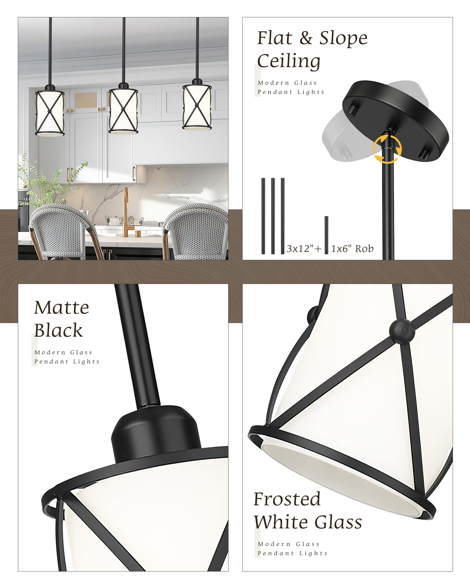 Osimir 2 Pack Black Glass Pendant Lights, Modern Frosted Glass Fixtures For Kitchen & Dining Room