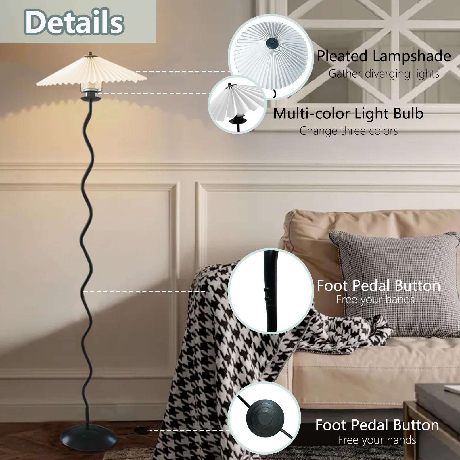 DYUEXI Pleated Floor Lamp, 3 Color Dimmable Floor Lamp with Remote Control, Retro Bedside Atmosphere Table Lamp for Bedroom, Liv