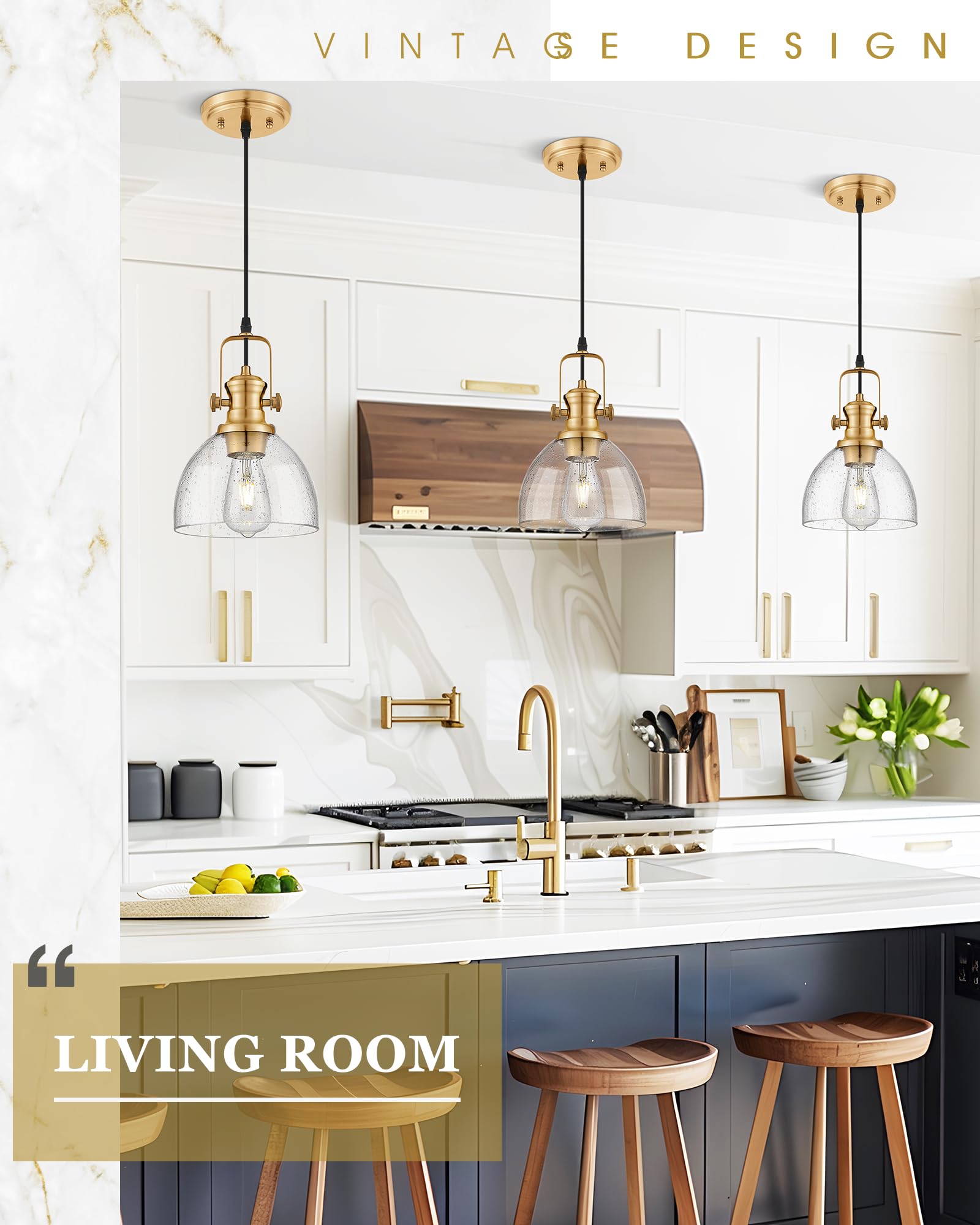 Audickic 7.5" Farmhouse Pendant Light, Vintage Seeded Glass Shade, Brushed Gold, Model AD-22151-1P-GD
