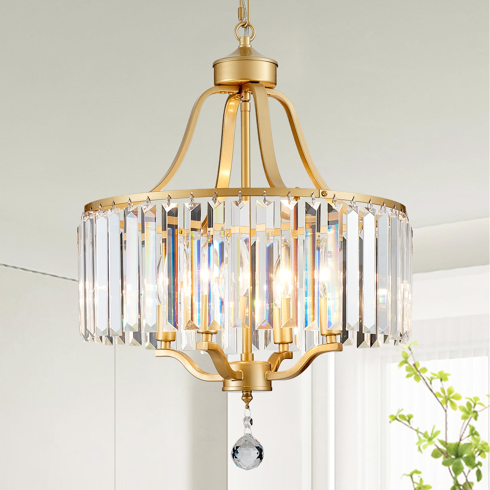 peskoe Gold Crystal Chandeliers for Dining Room, 4-Light Modern Round Chandeliers 15.7 for Living Room Kitchen Hallway Bedroom F