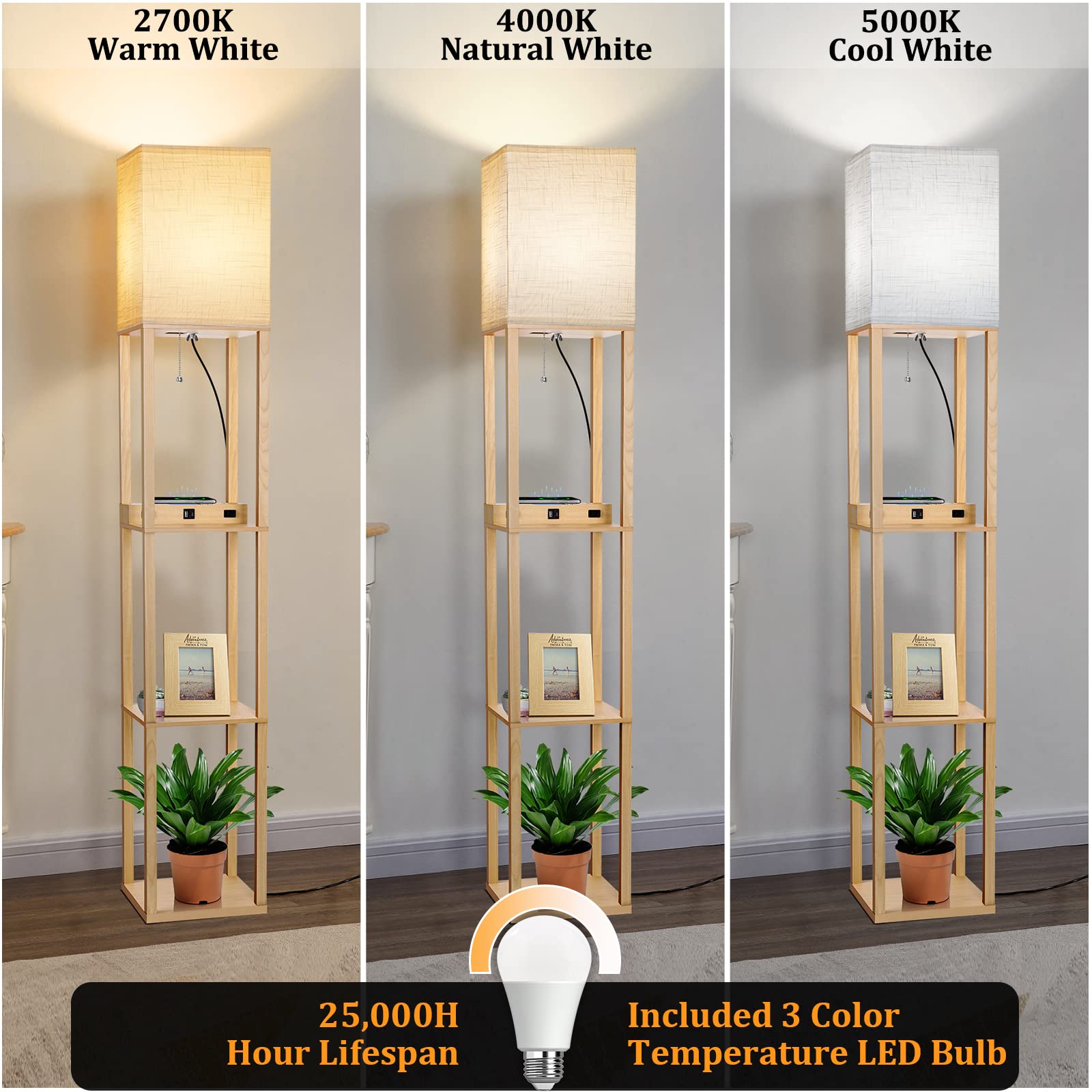 Dott Arts Floor Lamp with Shelves, Wireless Charger & USB Ports, 10.2in Wide, Burlywood, Model WLM1600-FLA-8W-07