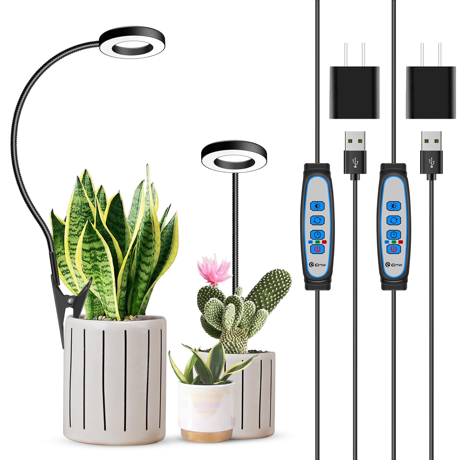 Xuligron Plant Light 2 Pack, Clip On Grow Lights For Indoor Plants, Led Full Spectrum Halo Grow Lamp With, 6/12/16H Timer, 5 Dim
