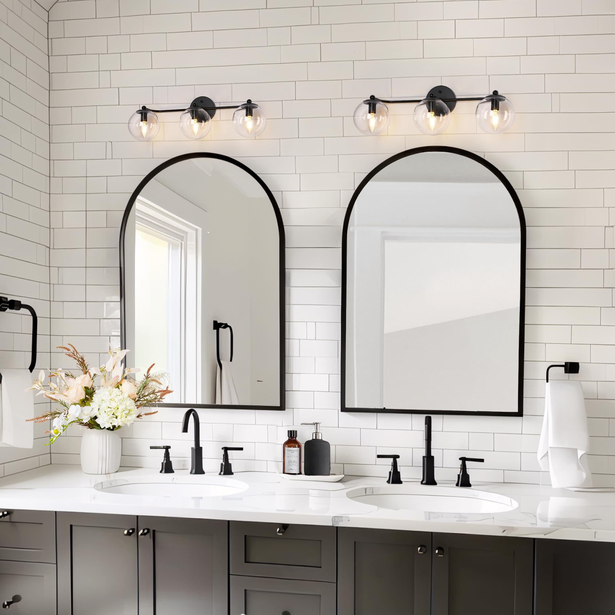 GEPOW 3-Light Bathroom Light Fixtures, Black Metal Vanity Lamp with Clear Globe Shade
