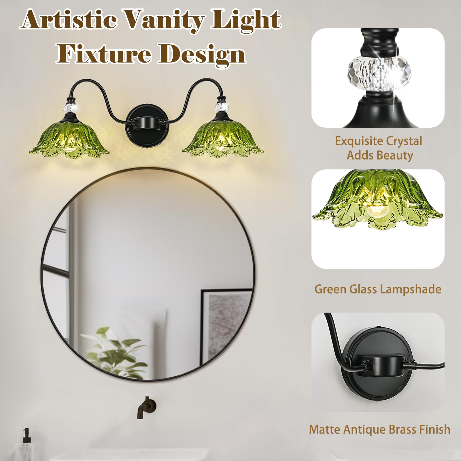 Sunkryster Black Bathroom Vanity Light  2-Light Vanity Light With Floral Green Glass Shades Vintage Farmhouse Wall Mount Lighting For Bathroom  Dressing Table
