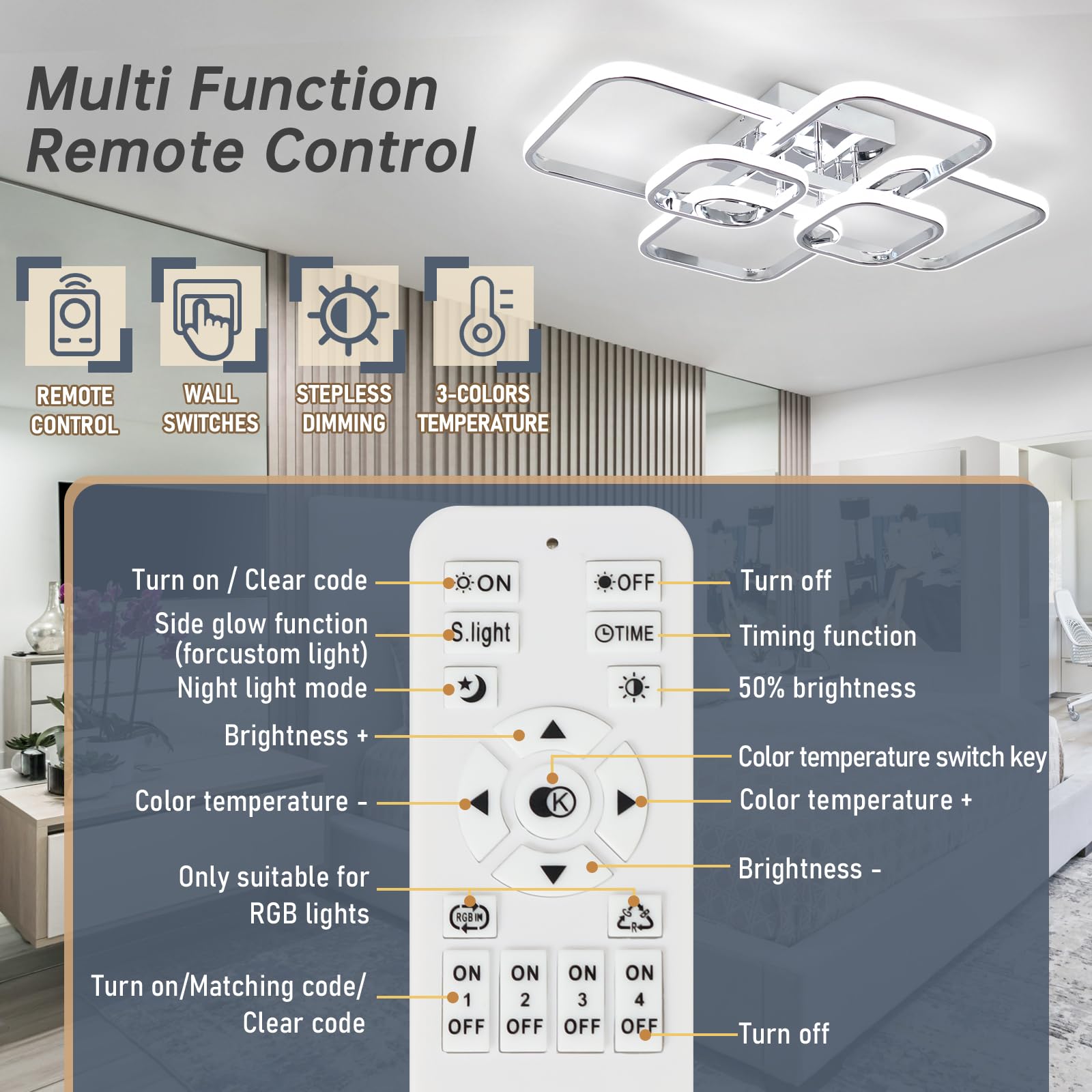 Sovinzert 31.5'' Modern Led Ceiling Light 6-Square Dimmable Ceiling Light Fixtures With Remote 3000K-6000K Chrome Close To Ceili