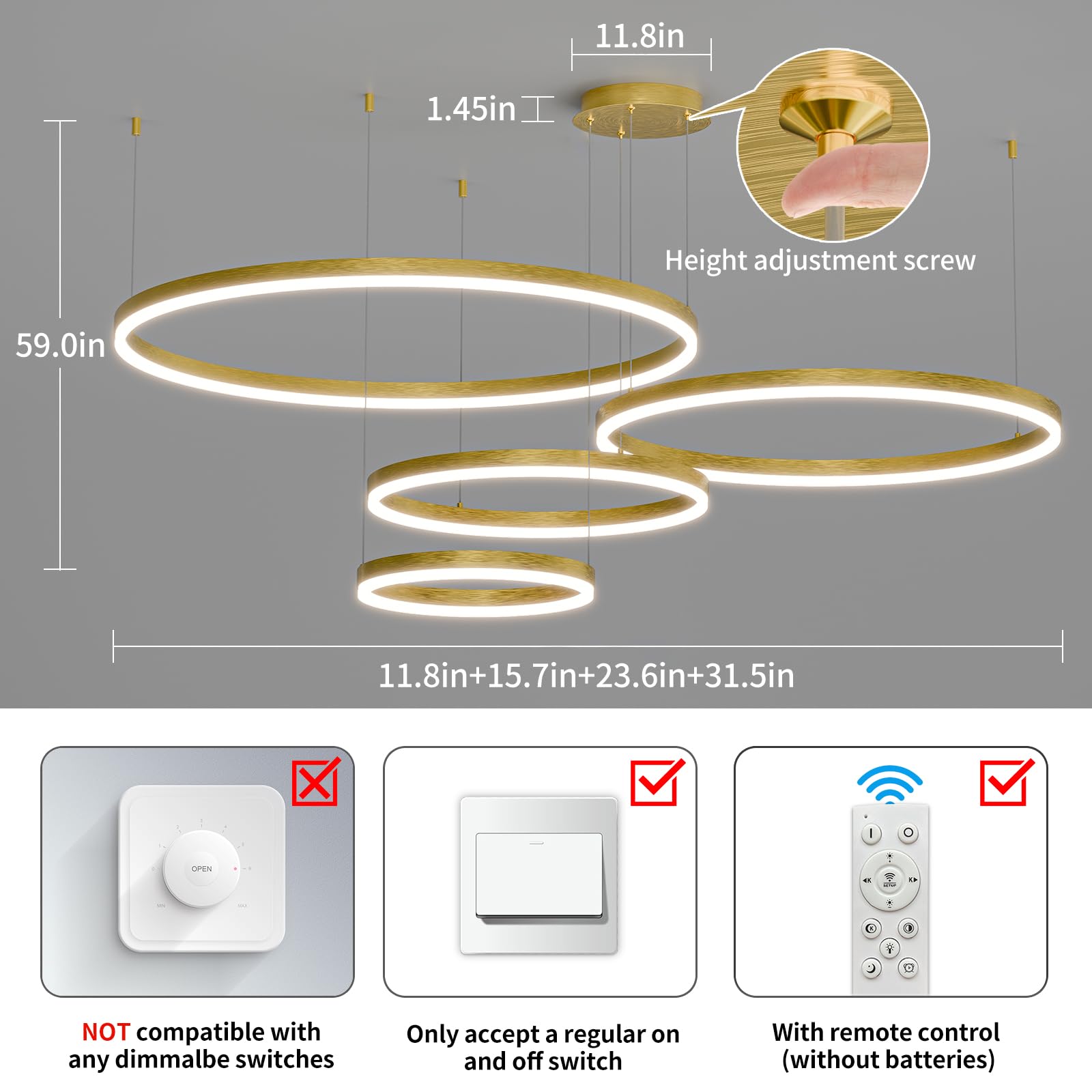 Mikeru Modern LED Chandelier Light, Remote Control, Adjustable 3000K-6500K, Aluminum, 11.8-31.5IN, B-Black, Model TC-M