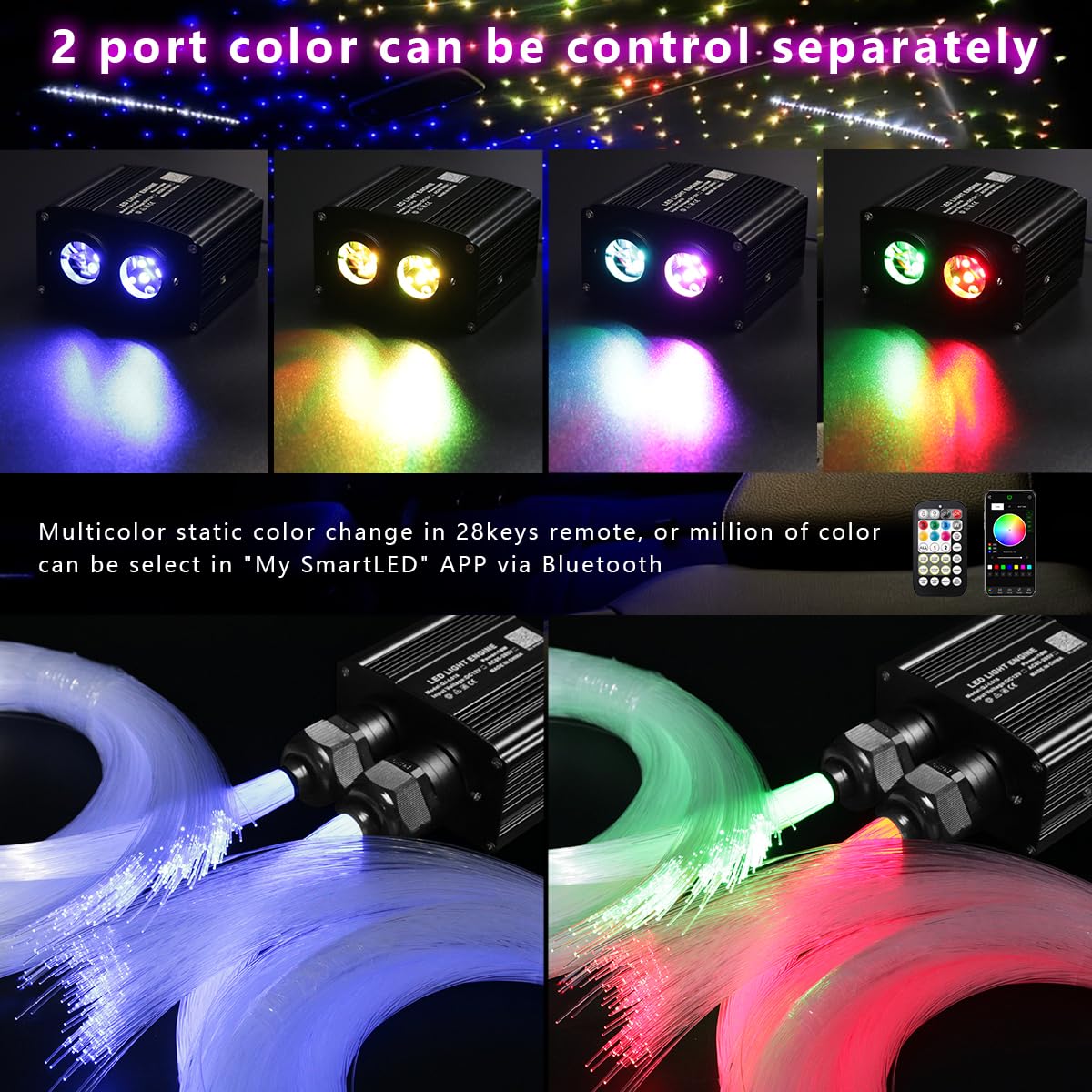 Azimom Dual Color 18W Twinkle Fiber Optic Starlight Box With Pure White Meteor  2 In 1 Starlight Meteor Engine Sound Activated App/Remote Rgbw Light Source Driver For Car Home Star Lighting Decor