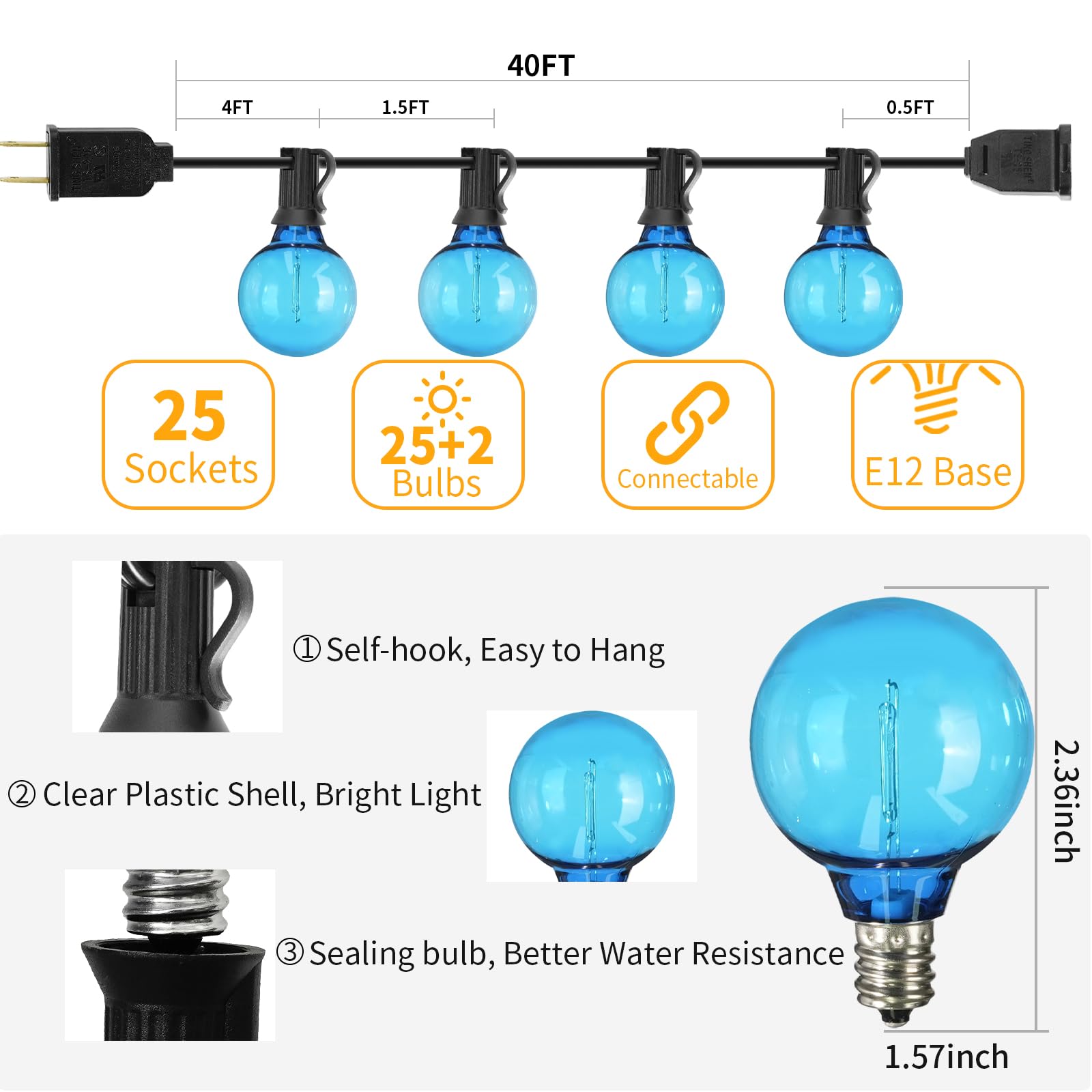 ShineU LED Outdoor String Lights, 40FT Waterproof G40 Globe, 27 Shatterproof Edison Bulbs, Blue, Connectable for Patio, Garden, Bistro