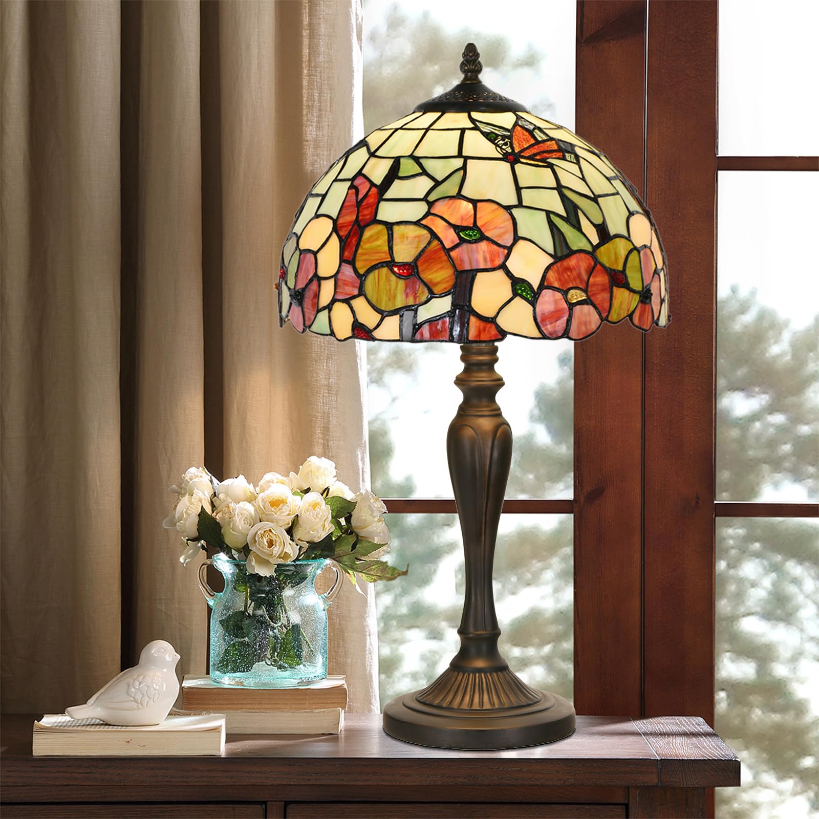 Homebeauty Tl0002 Tiffany Traditional Tiffany Style Table Lamp 21.5'' High Blossoming Antique Stained Glass Lamp For Living Room