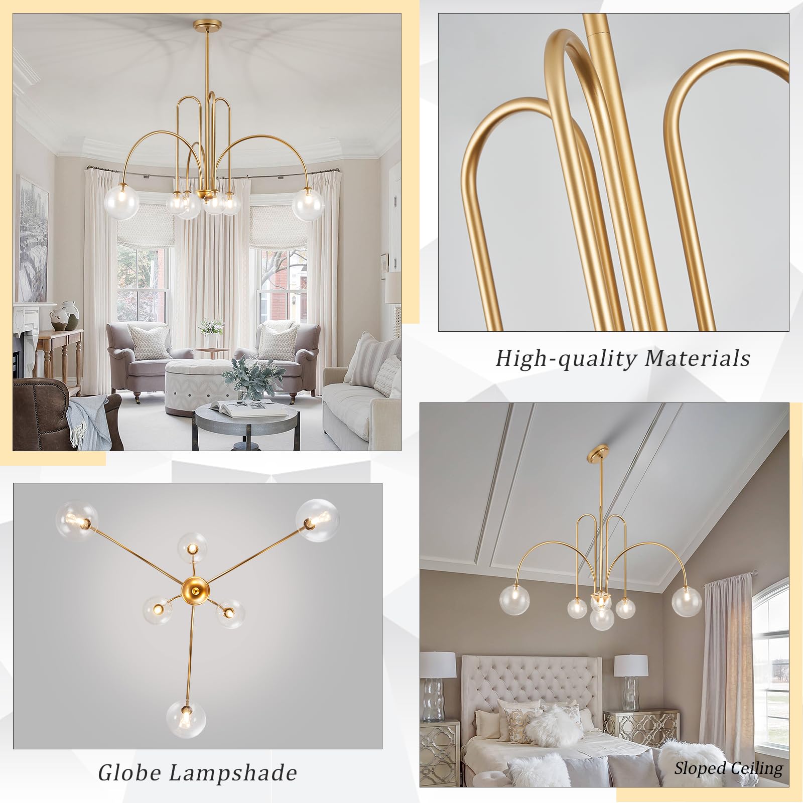 Catiner Gold Sputnik Chandelier,6 Lights Large Modern Chandelier L40”Mid Century Long Ceiling Pendant Light Fixtures For Dining Room With Clear Glass Globe Shades For High Ceiling Foyer Living Room