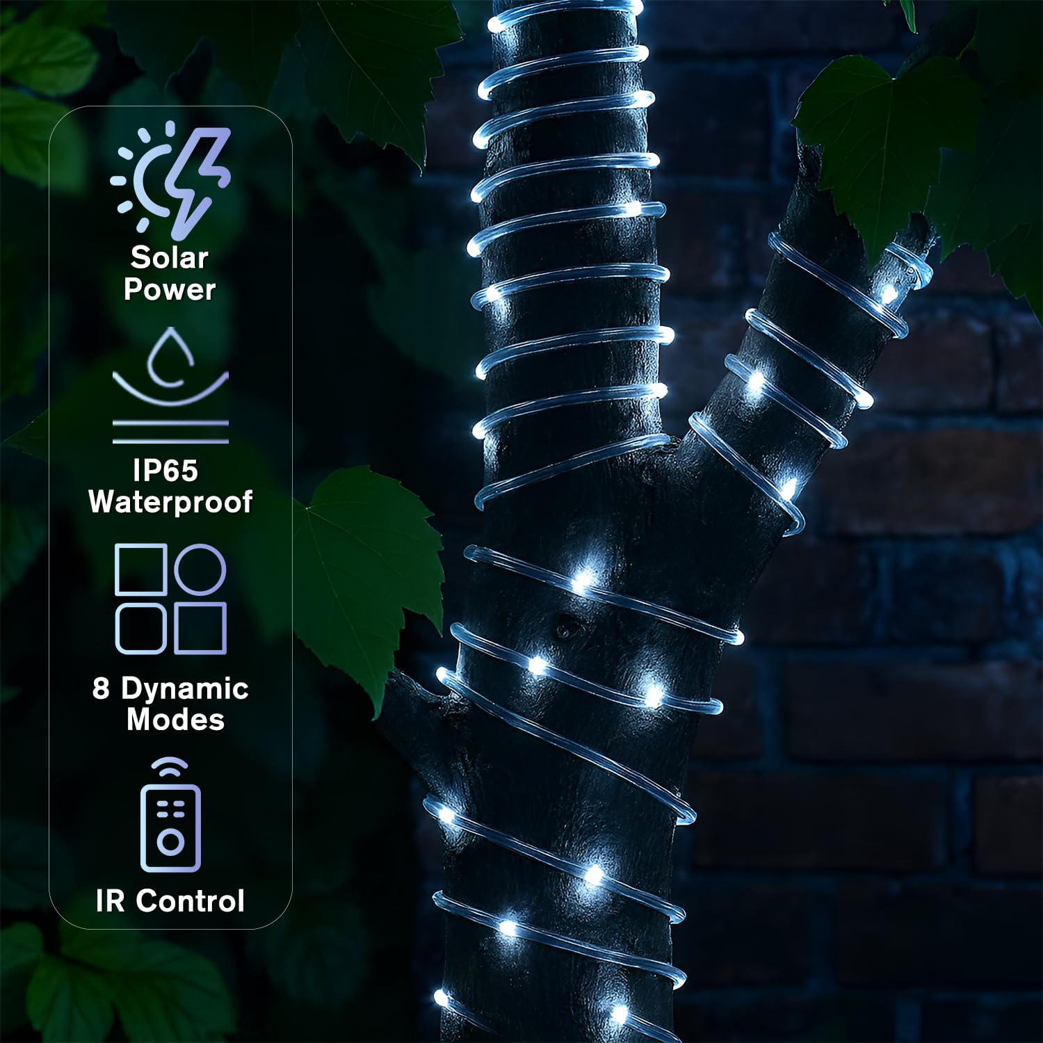 ANJAYLIA Solar Rope String Lights, 66FT, 200 LED, Cool White, Waterproof, 8 Modes & Timer Remote, for Outdoor & Holiday Décor