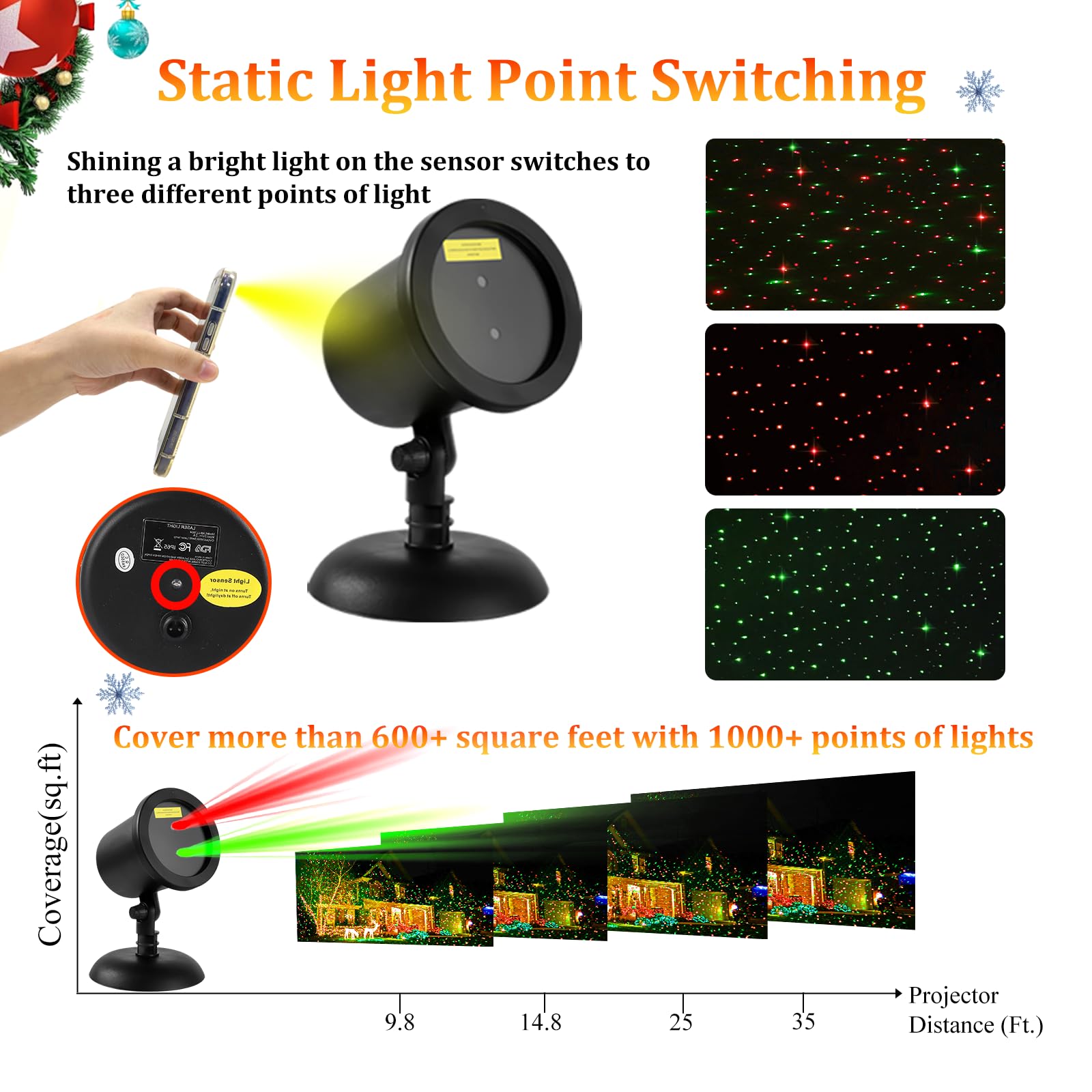 Christmas Laser Light Projector Outdoor, Red & Green Static Star Starry Laser Projector Lights, Christmas Decoration Light Laser