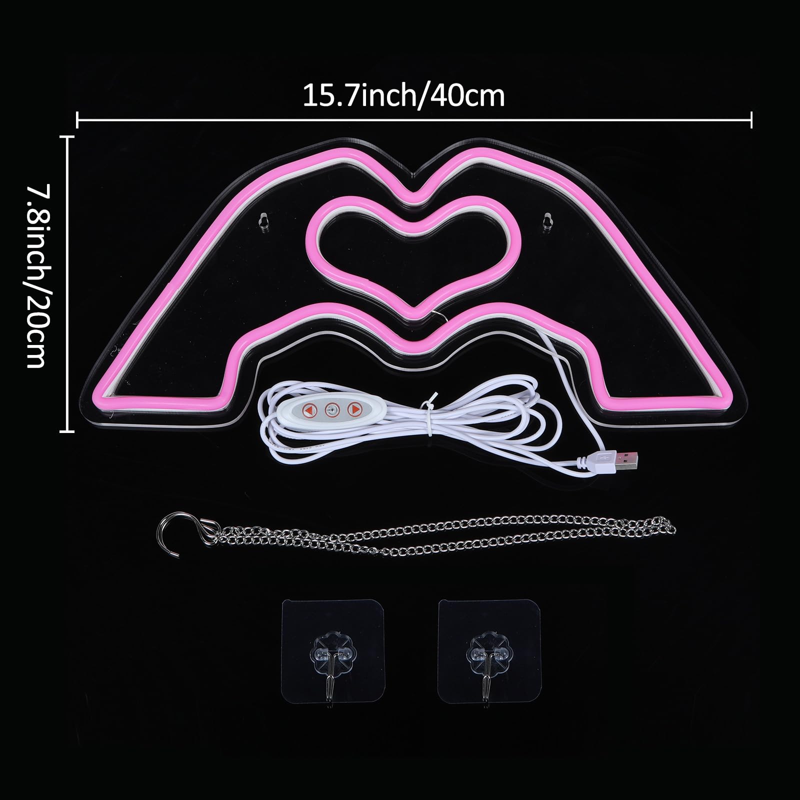 HMASYO Heart Hands Neon Sign - LED Wall Art with Dimmer, 15.7in, Pink Acrylic, Model 2411A, Ideal for Music Lovers, Parties, and Decor