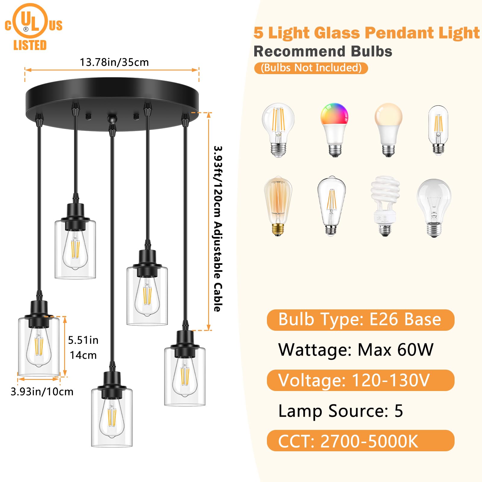 Licperron 5-Light Pendant Light Fixtures With Clear Glass Shades  Black Adjustable Kitchen Island Hanging Ceiling Light Fixtures  Modern Pendant Lighting E26 Base For Dining Room  Hallway  Living Room