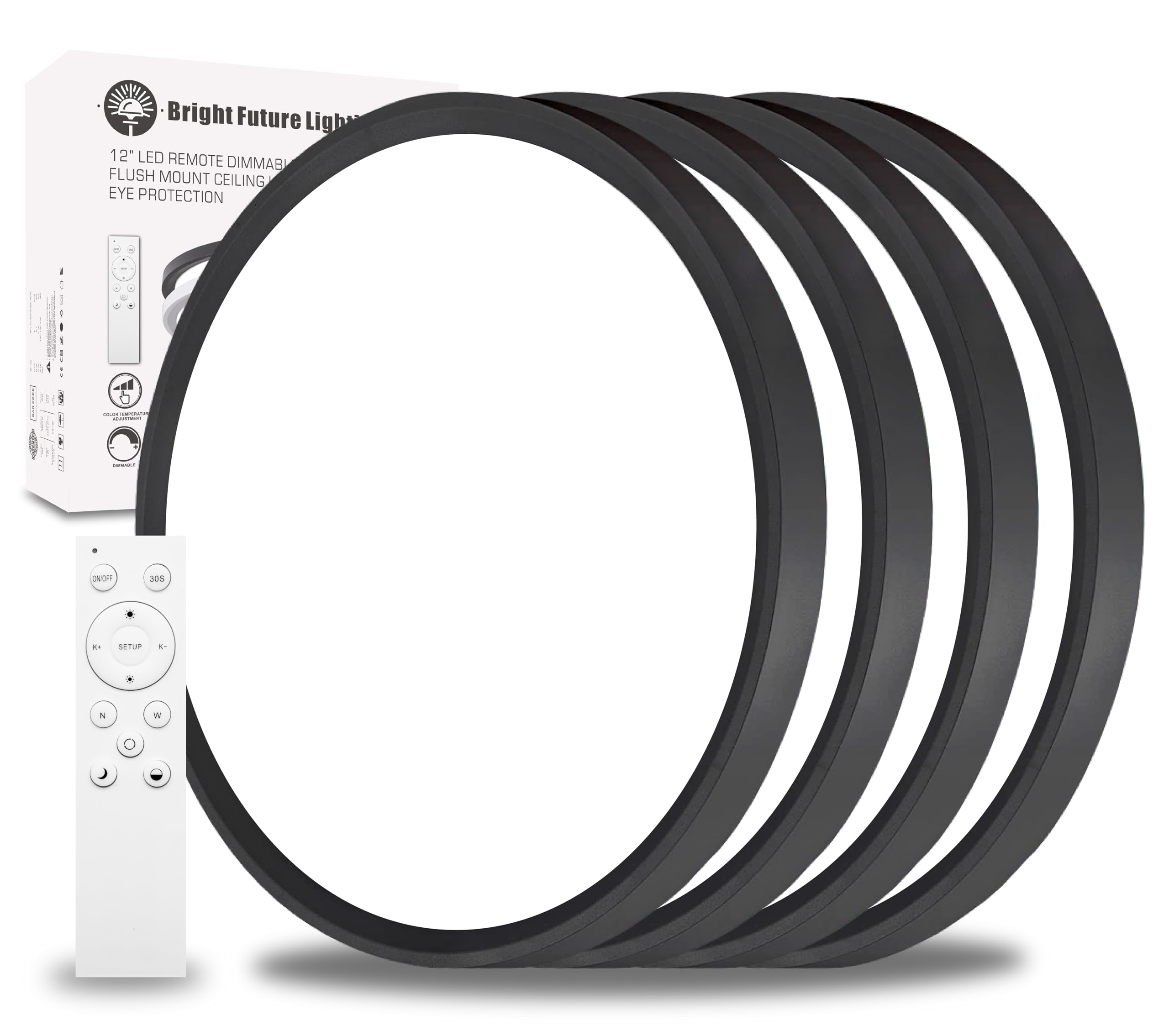 Bright Future Lighting 4-Pack Remote Control Dimmable LED Ceiling Light, 12 Inch, 24W, 2700K-6000K, Black