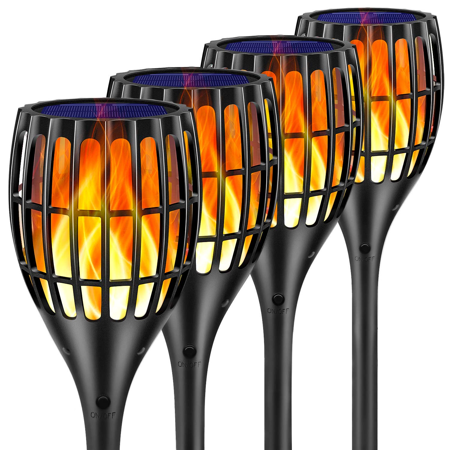 Ollivage Solar Torch Lights, 43in Flickering Flames, Waterproof, 4 Pack, Black, Model ST-OV9605-1b-4
