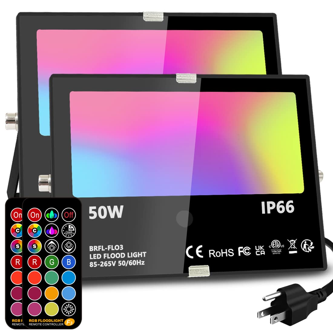 MELPO 50W RGB LED Flood Light Outdoor, IP66 Waterproof, 2 Pack, Remote Control, 12 Colors, Aluminum, Model BRFL-FL03