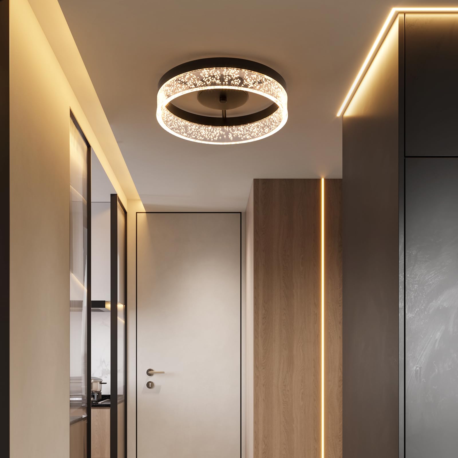 Jaycomey Modern Led Ceiling Light Fixture, 11.65'' Black Flush Mount Kitchen Lighting With Clear Seeded Acrylic Lampshade,Round