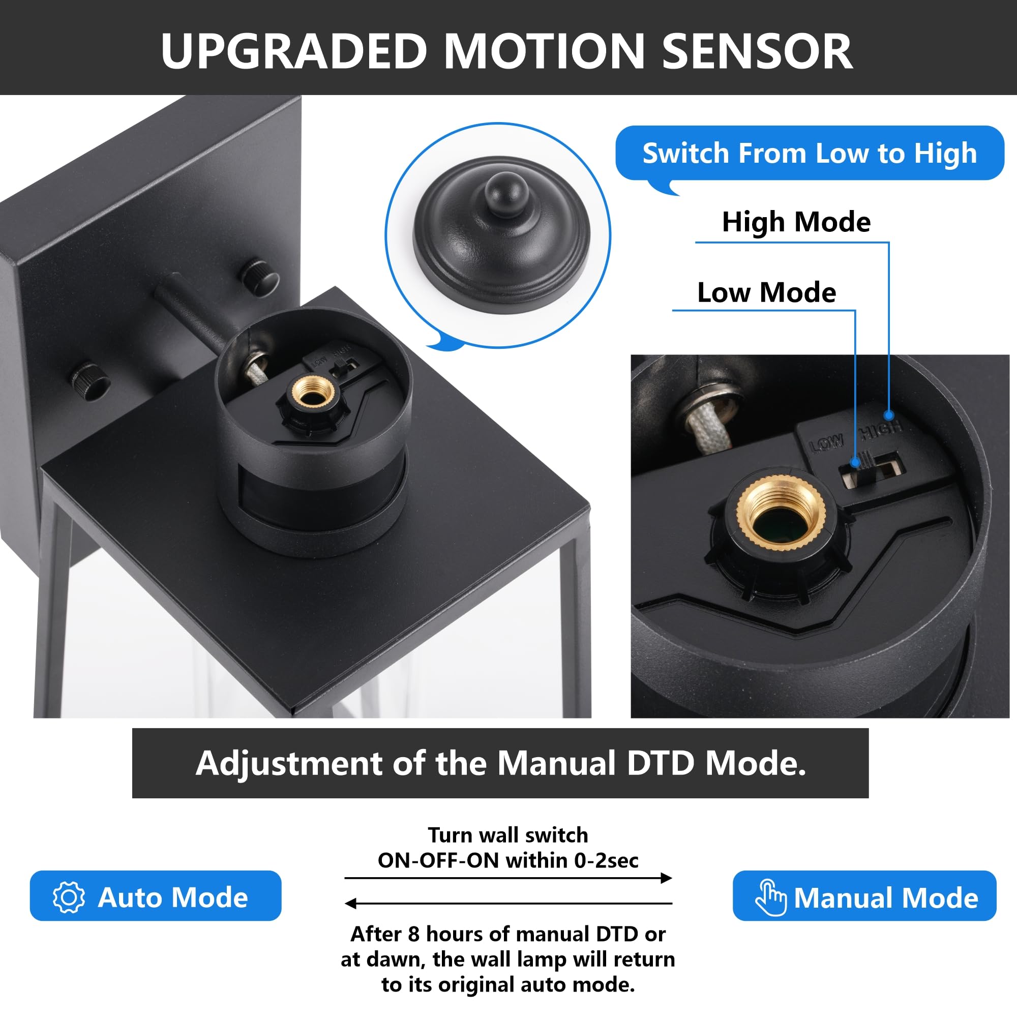 DAKAFUL Motion Sensor Outdoor Wall Lights, Large 2-Pack, Dusk to Dawn LED Sconces, Black, Model BLE26-1