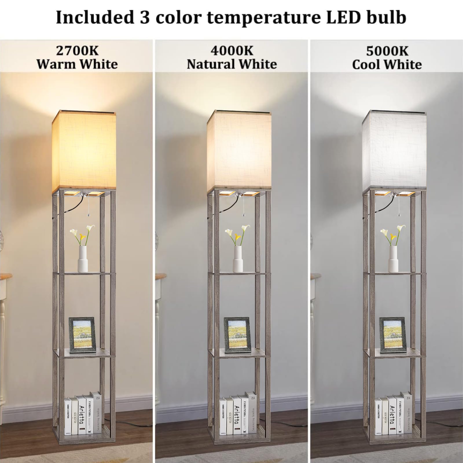 Floor Lamp With Shelves,Wood Corner Floor Lamps For Living Room Tables With 3 Cct Led Bulb,Modern Display Bookshelf Nightstand L