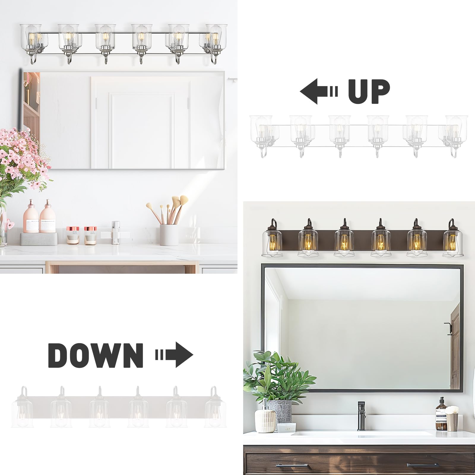 zeyu 6-Light Farmhouse Bathroom Vanity Lights, Oil Rubbed Bronze, Clear Glass Shade, Model ZSL72B-6W ORB