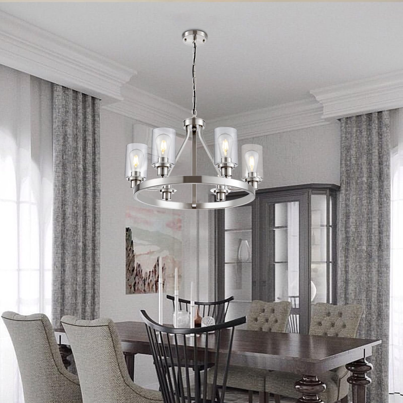 Hccz 6-Light Brushed Nickel Wagon Wheel Chandelier With Glass Shade For Dining Room & Living Room