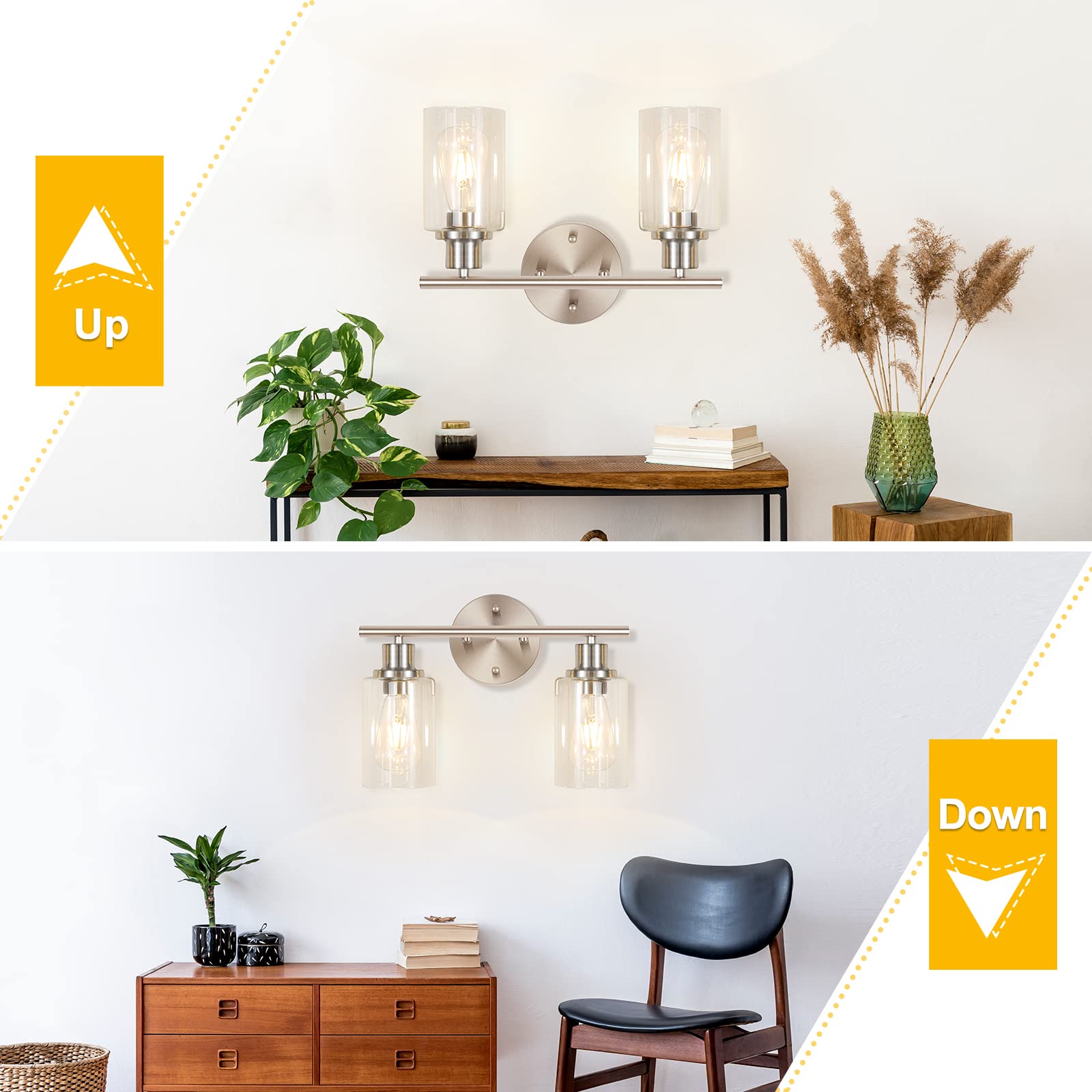 Apenath 2-Light Wall Sconce Light Fixtures, Brushed Nickel Finish Wall Light with Clear Glass Shade, Modern Vanity Lighting, Wal