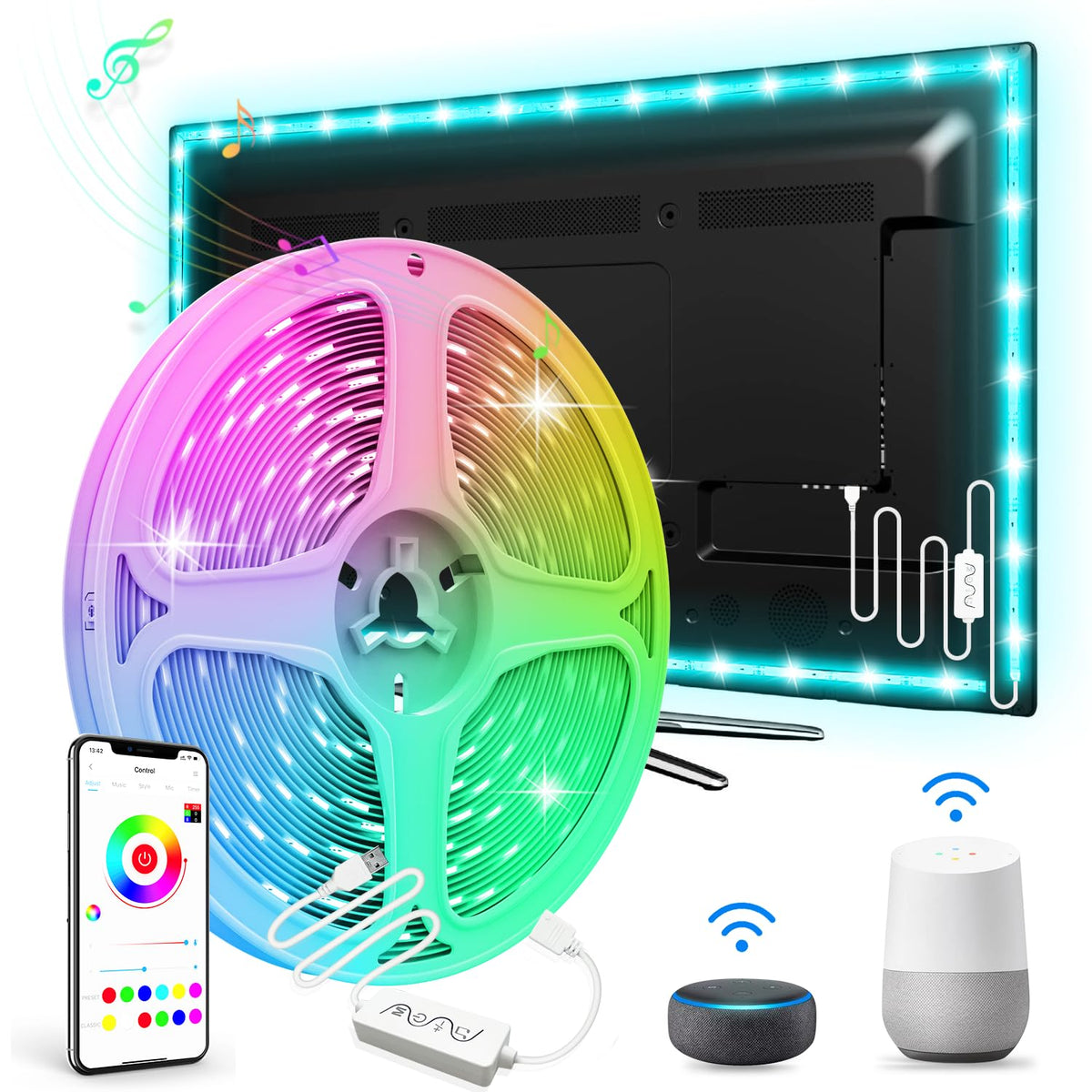 Kexu 16.4Ft Smart Led Strip Lights Wifi Led Lights Strip Work With Alexa And Google Assistant Rgb 16 Million Colors With App Con