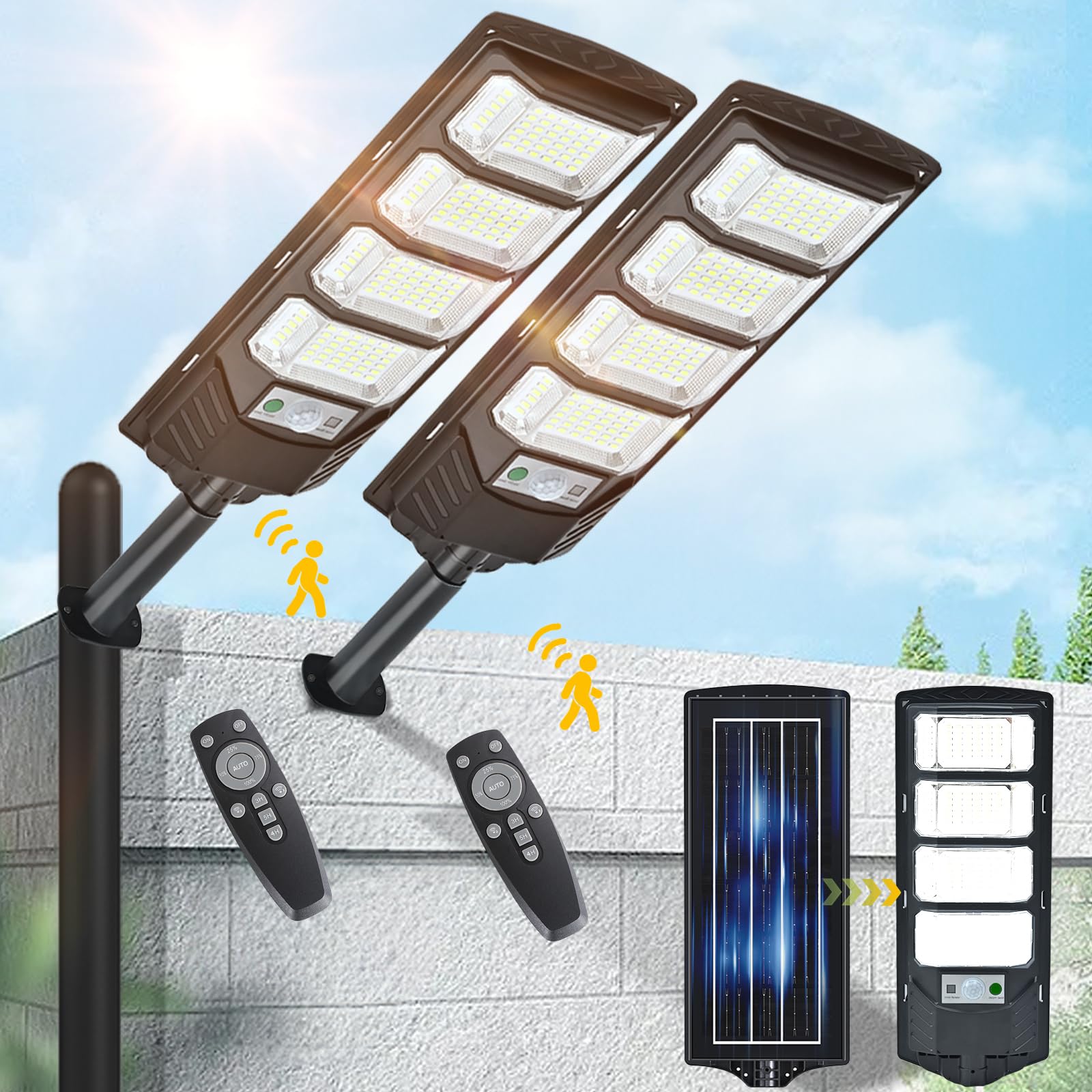 2 Pack Solar Street Lights Outdoor Waterproof,6500K 10000LM 5730MSD LEDs Solar Parking Lot Lights Dusk to Dawn, Solar Flood Ligh