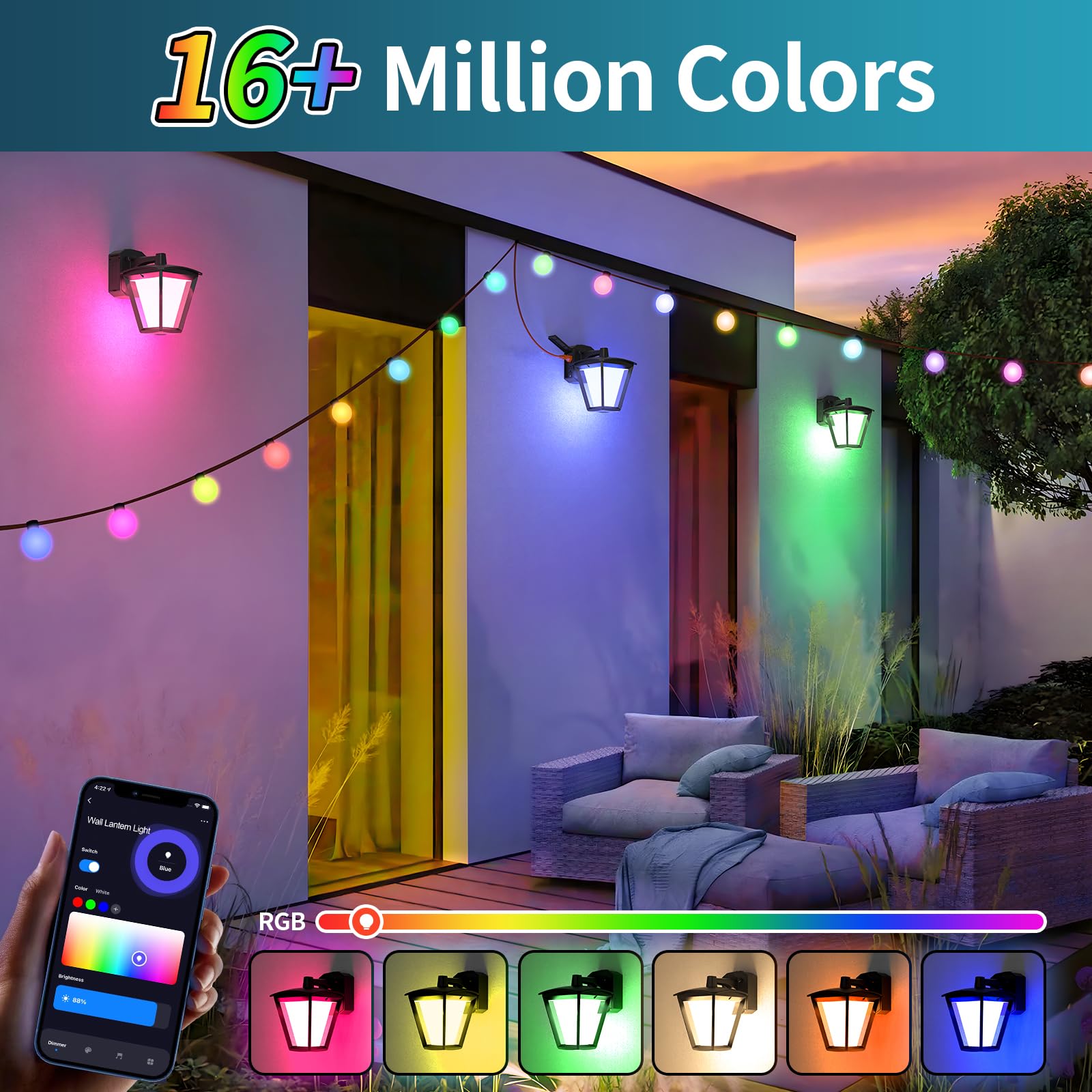 AKK Smart Porch Light with Outlet, RGBCW Color Changing, Waterproof, Aluminum, Model SML03, Black