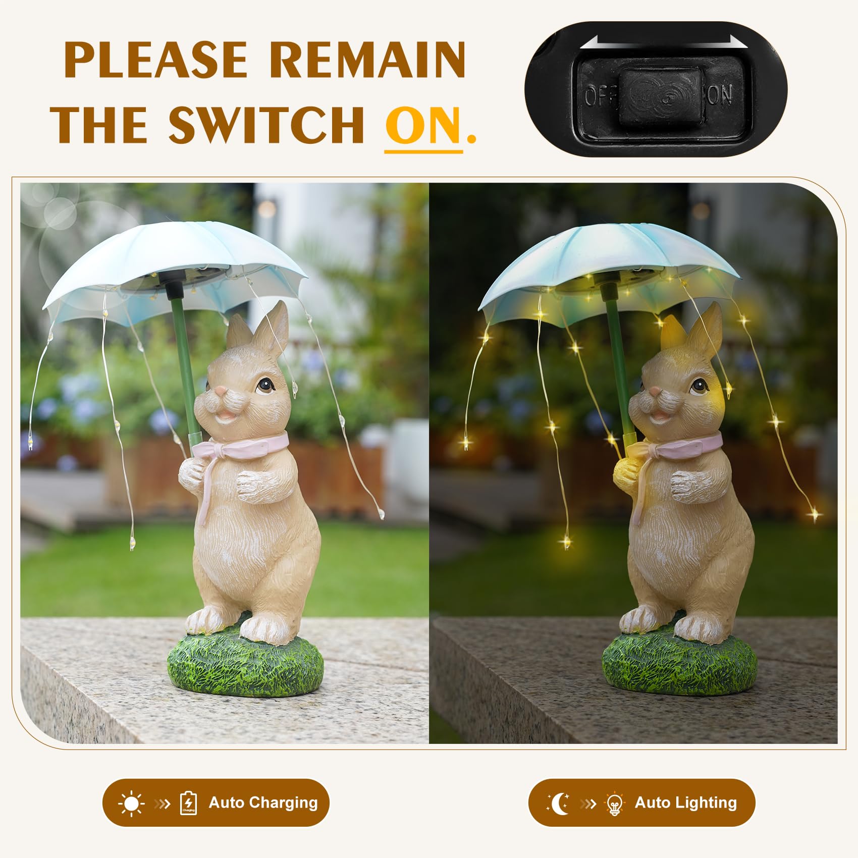 Mininova Solar Garden Statues Outdoor Rabbit Figurine With Umbrella Led String Lights For Outside Yard Decorations Gifts For Bir