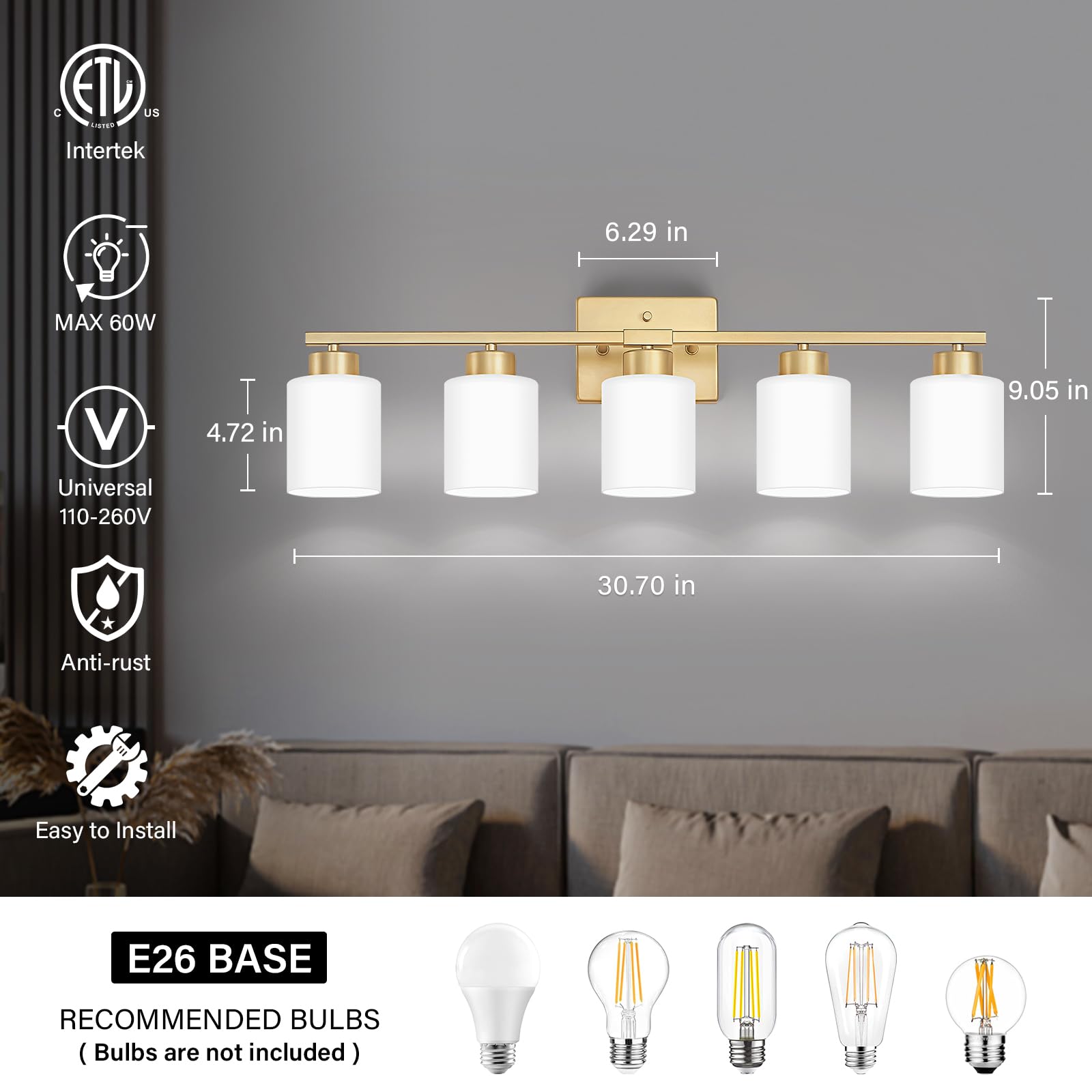 Fonmyim Gold Bathroom Light Fixtures, 5-Light Modern Vanity Light Over Mirror, Wall Sconces With Milky White Frosted Glass Shade