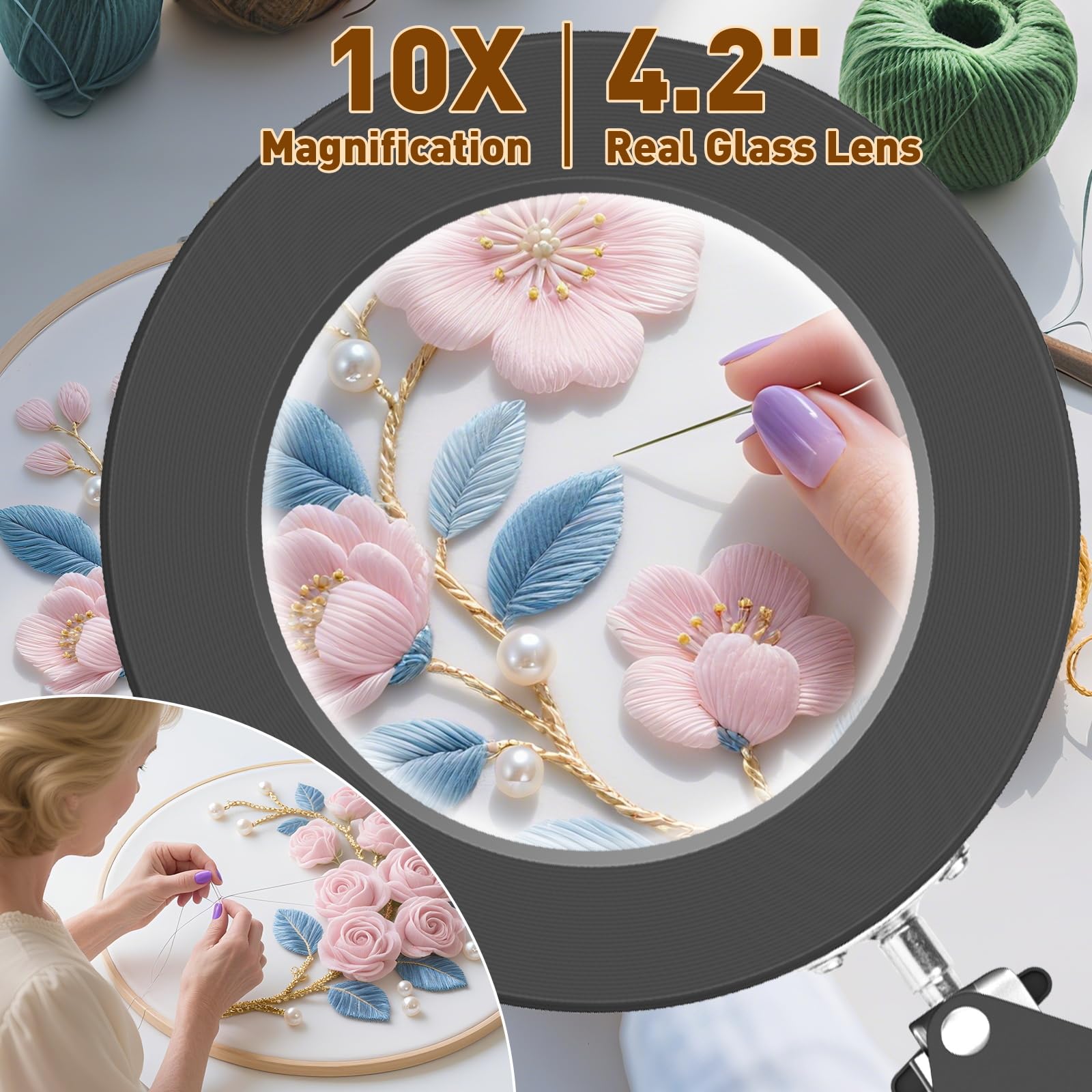 KIRKAS 10X Magnifying Glass with Light, 72 LEDs, 3 Color Modes, Metal, Black, Model KR-DB-Black