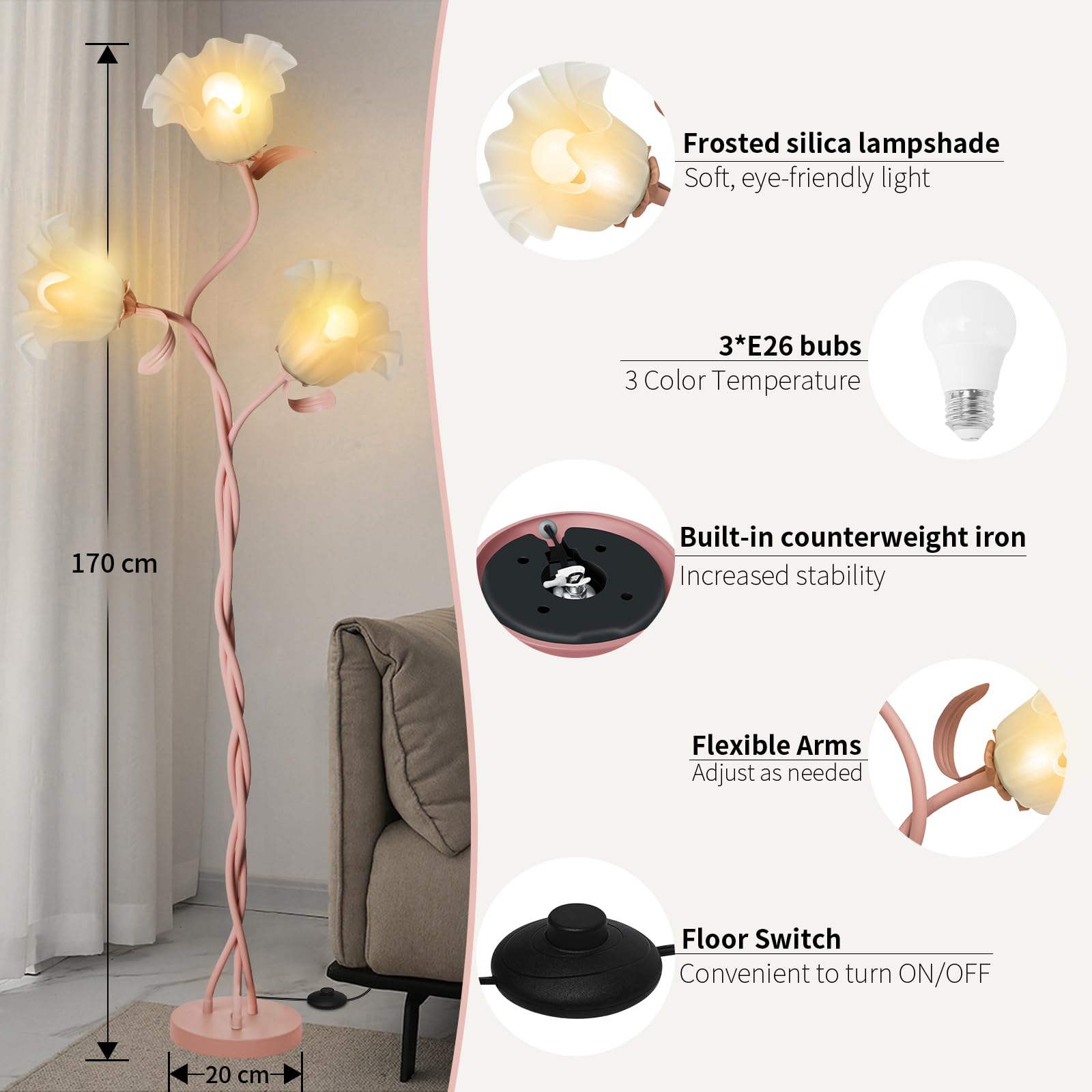 Fuzzbopn Flower Floor Lamp For Living Room, Tall Standing Reading Lamp With Flexible Neck Shaft For Bedroom Decor, Modern Corner