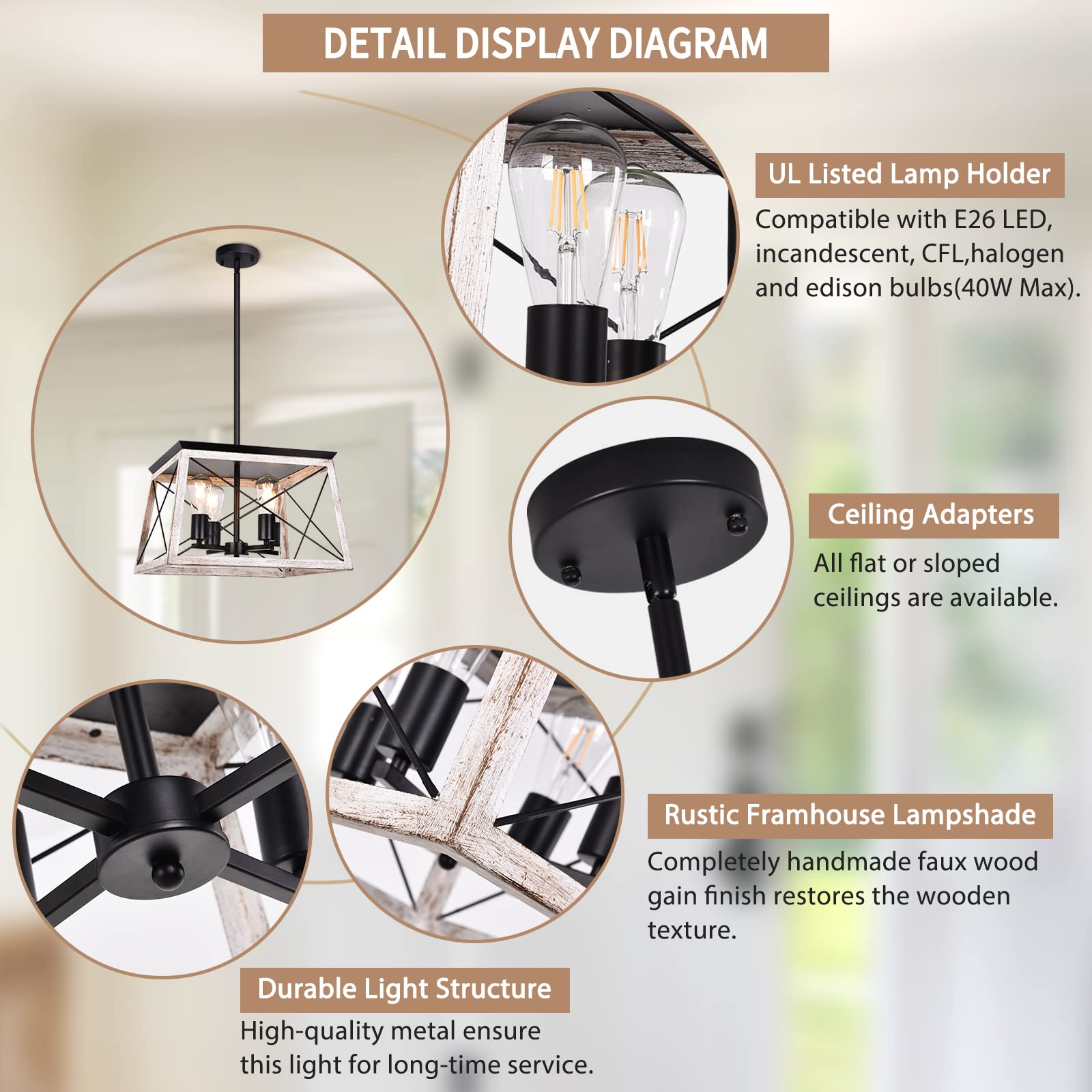 Merbotin Farmhouse Chandelier, Rustic White Wood 4-Light Pendant Light For Dining Room & Entryway