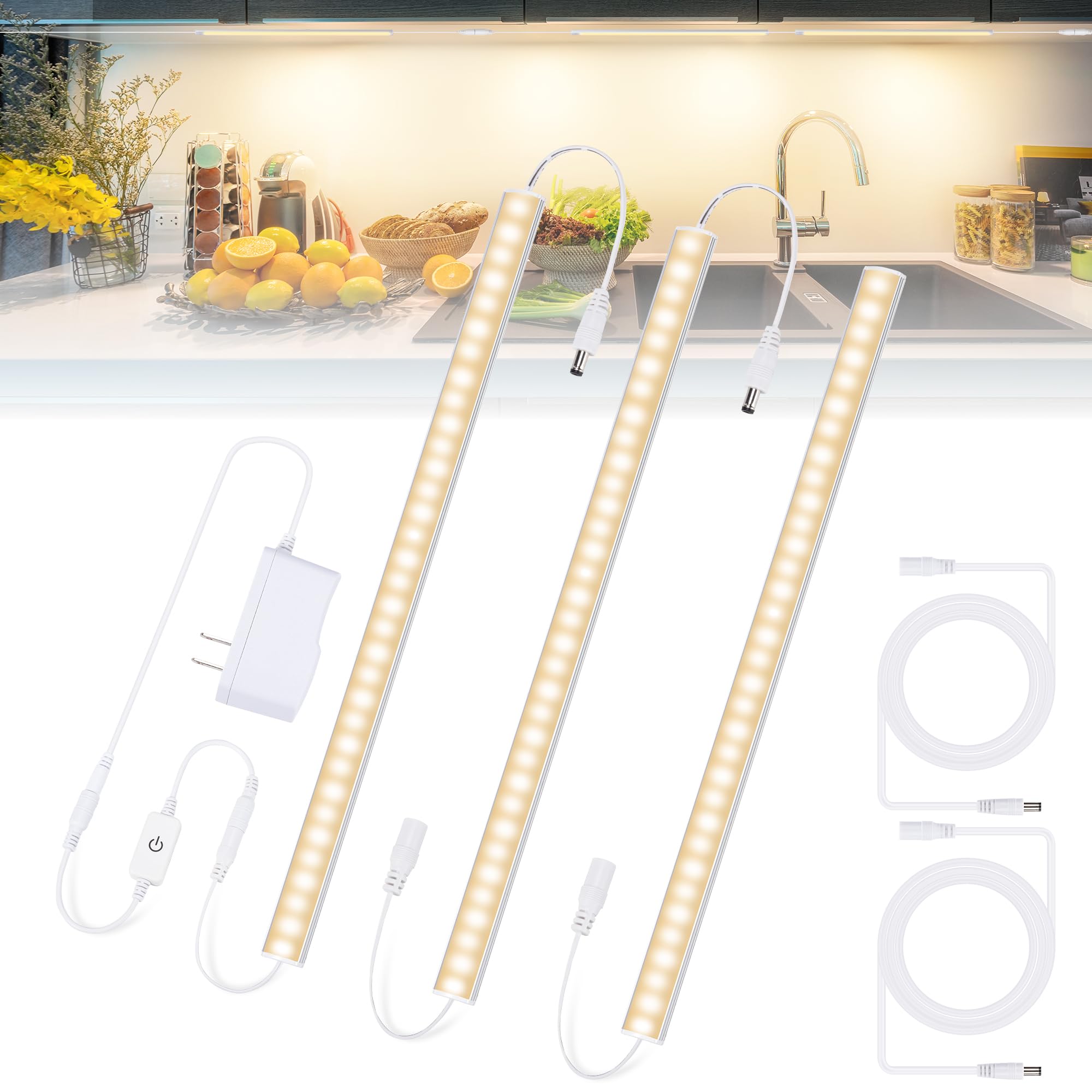 3PCS x 12inch Under-Counter Light Fixtures, LED Cabinet Lights with Memory Function, Warm White 3000K Desk Lighting, Slim Under Cupboard Lighting for Kitchen, Desk, Shelf