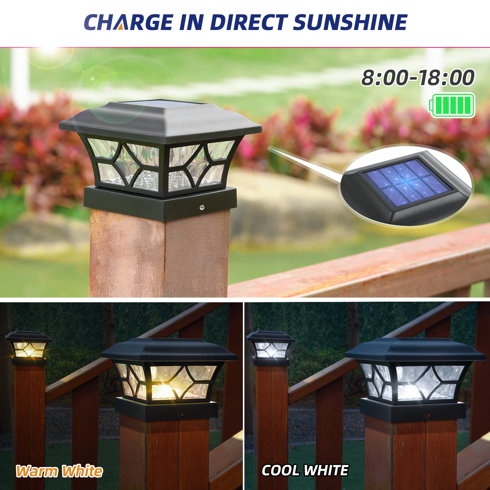APONUO Solar Post Cap Lights, IP64 Waterproof, 2 Modes, 1000mAh, Black, 4 Pack, Fits 4x4 and 6x6 Posts, Model