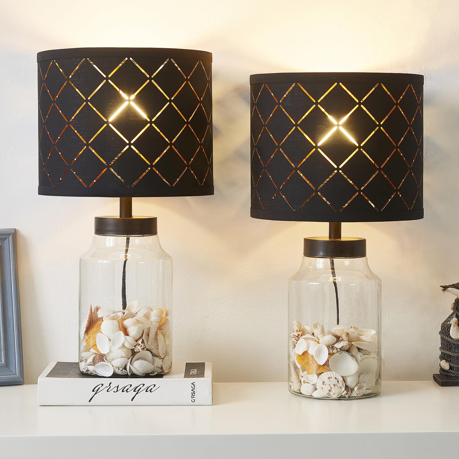 Gyrovu Fillable Table Lamp, Lamp With Clear Glass Fillable Modern Table Lamp With Black Square Lampshade Beside Lamp For Living 