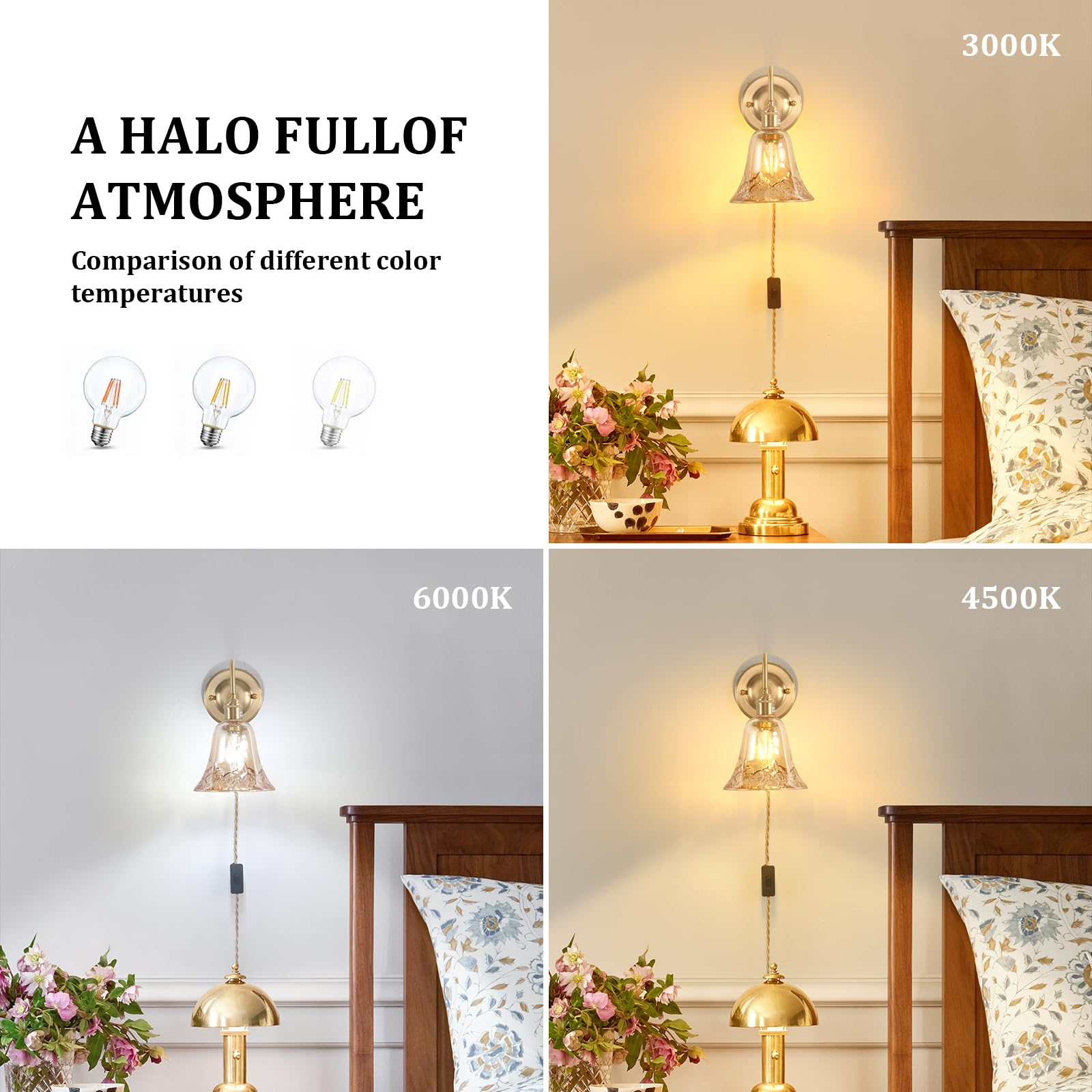Shenmoyl Wall Sconce Set of 2, Brass Plug-in Lights, Amber Morning Glory Glass Shade, Model 1-93726-wlamp