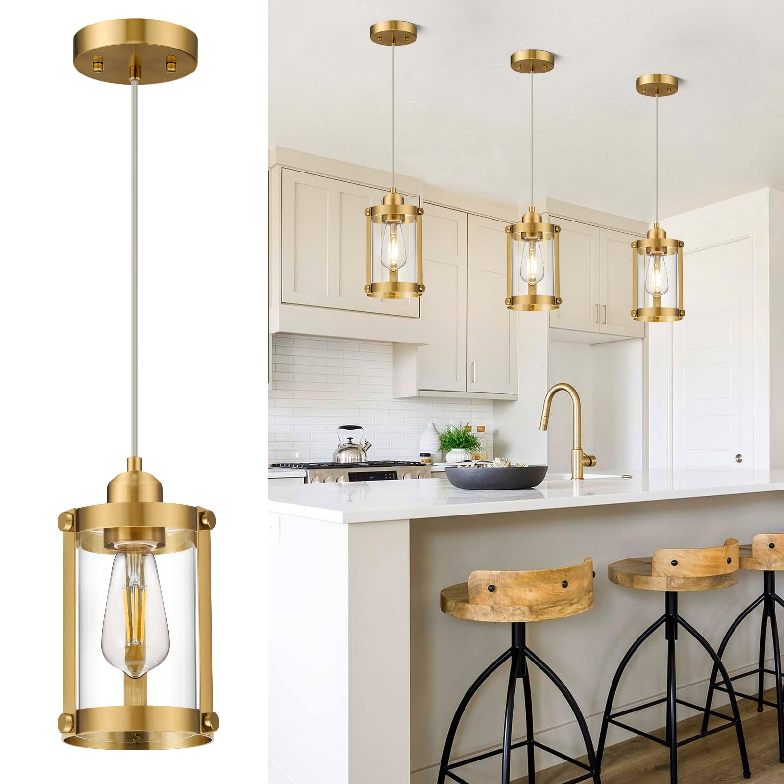 Osimir Brushed Gold Pendant Lights Kitchen Island, 1-Light Modern Brass Mini Hanging Light Fixtures with Clear Glass, Farmhouse 