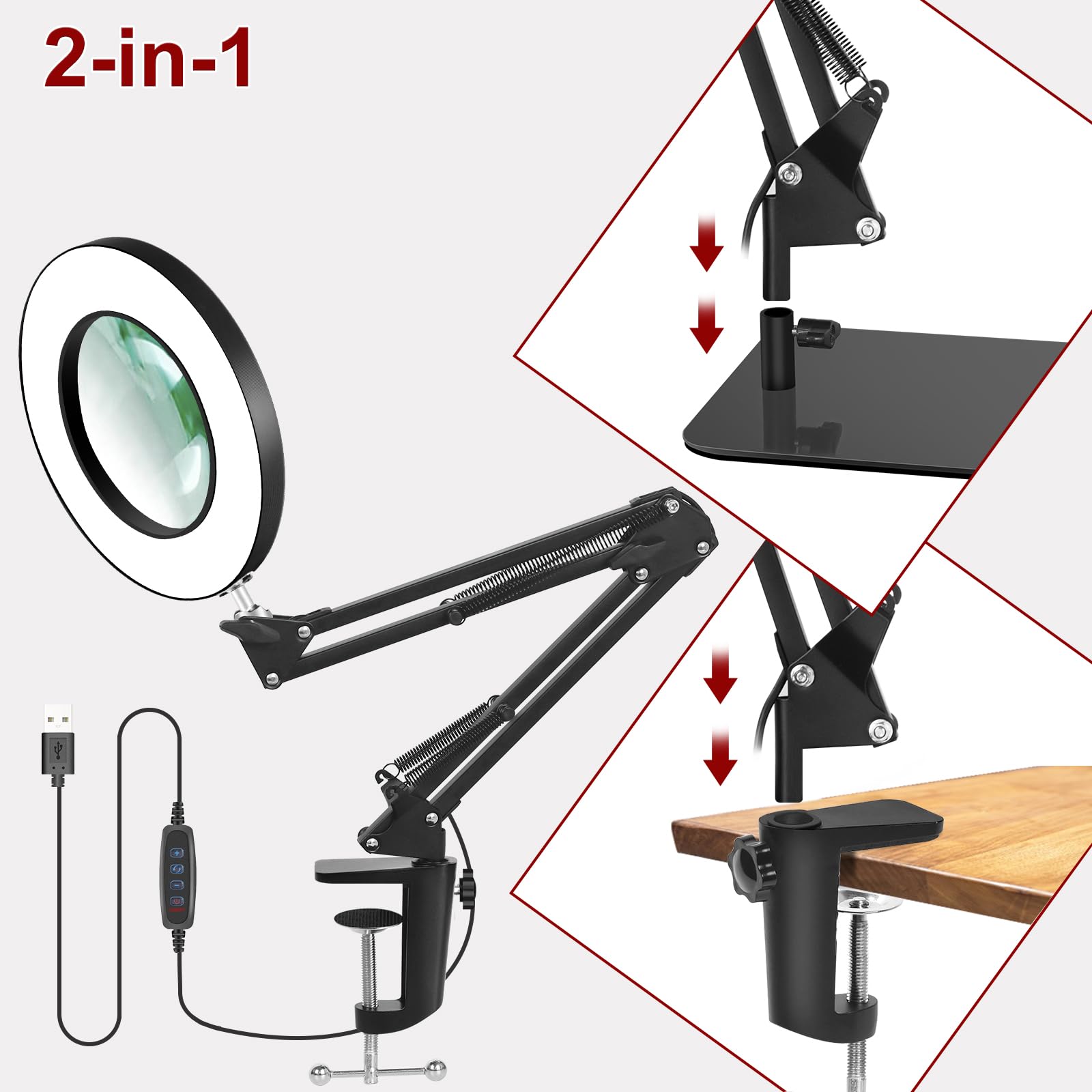 Vitotc 12X Magnifying Glass With Light And Stand, 2-In-1 Magnifying Lamp, 5 Color Modes Led Lighted, Magnifier With Light Hands